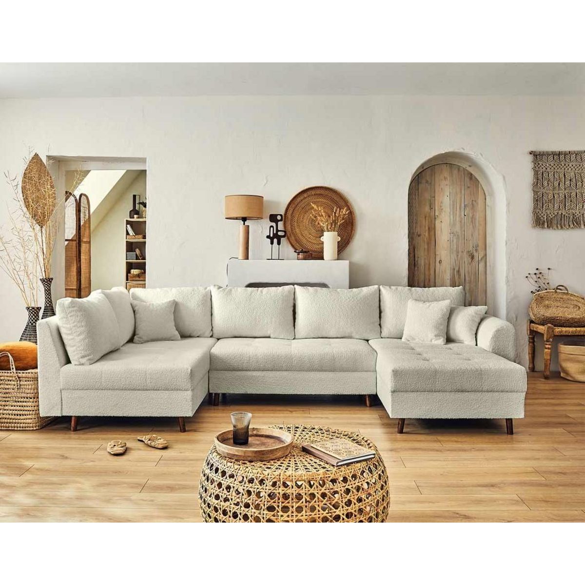 LISA DESIGN Rune - canapé panoramique d'angle gauche - 7 places - avec pouf d'appoint - en tissu bouclette