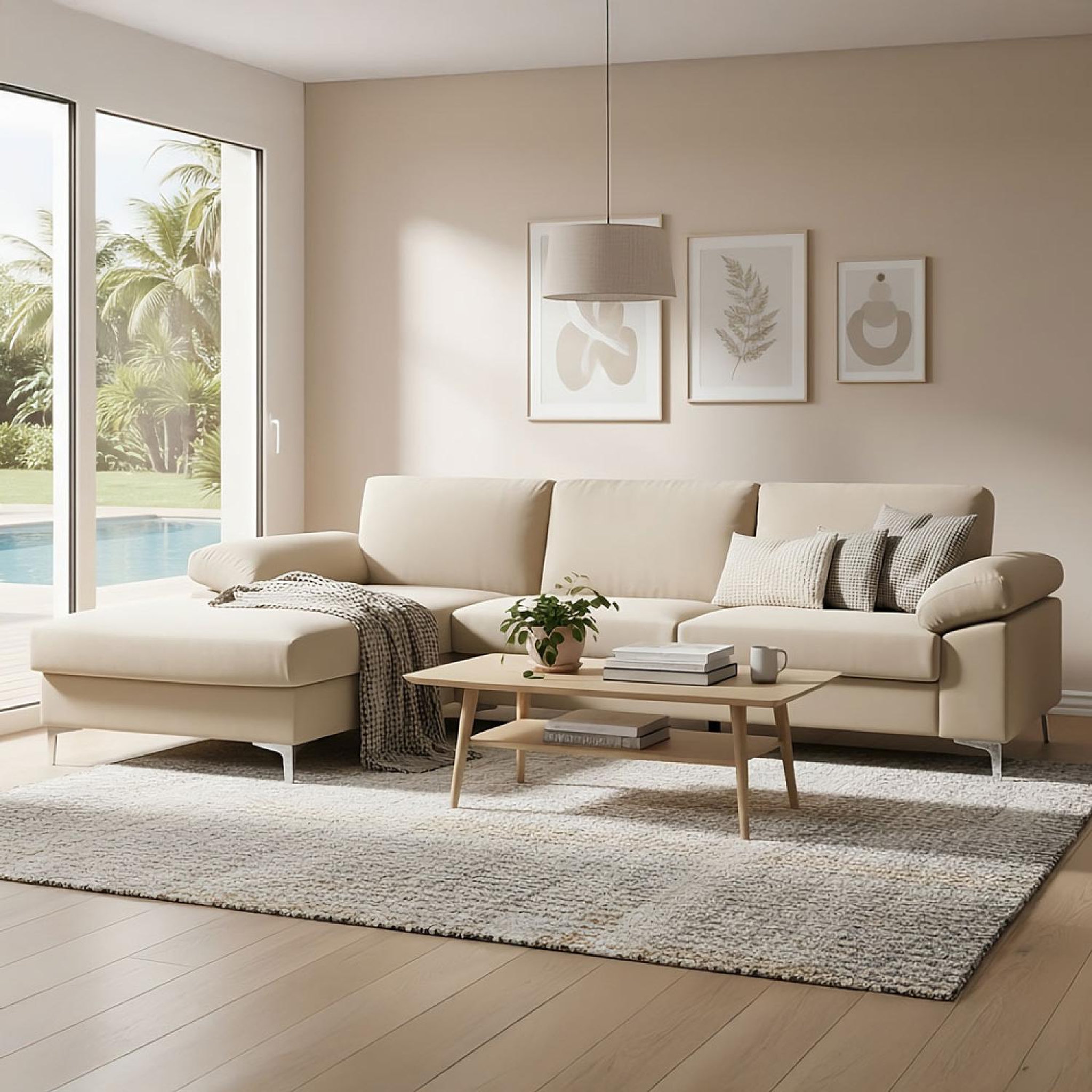 CONCEPT USINE Canapé d'angle gauche 4-5 places en velours beige GALWAY