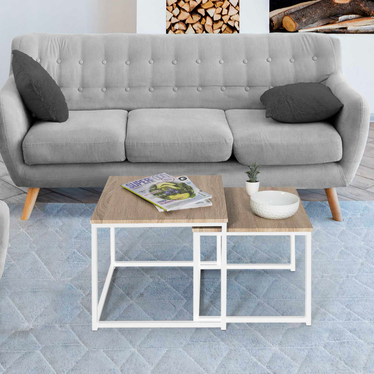 ID MARKET Lot de 2 tables basses gigognes DETROIT 40/45 design industriel bois et métal blanc