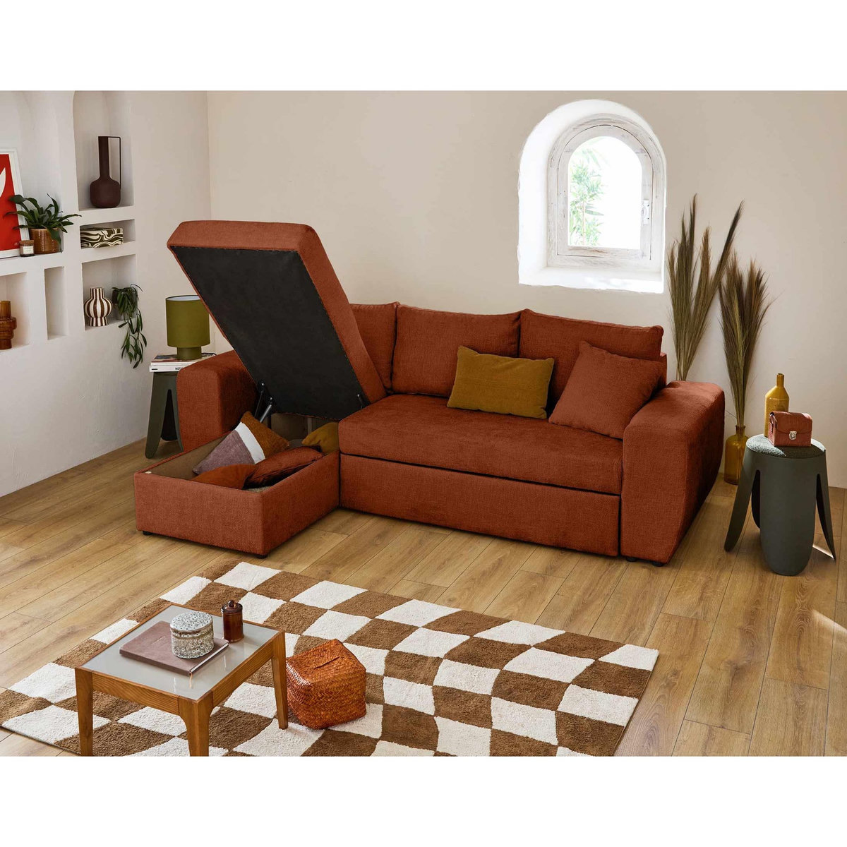 BEST MOBILIER Milan - canapé d'angle réversible 4 places - convertible avec coffre - en velours texturé