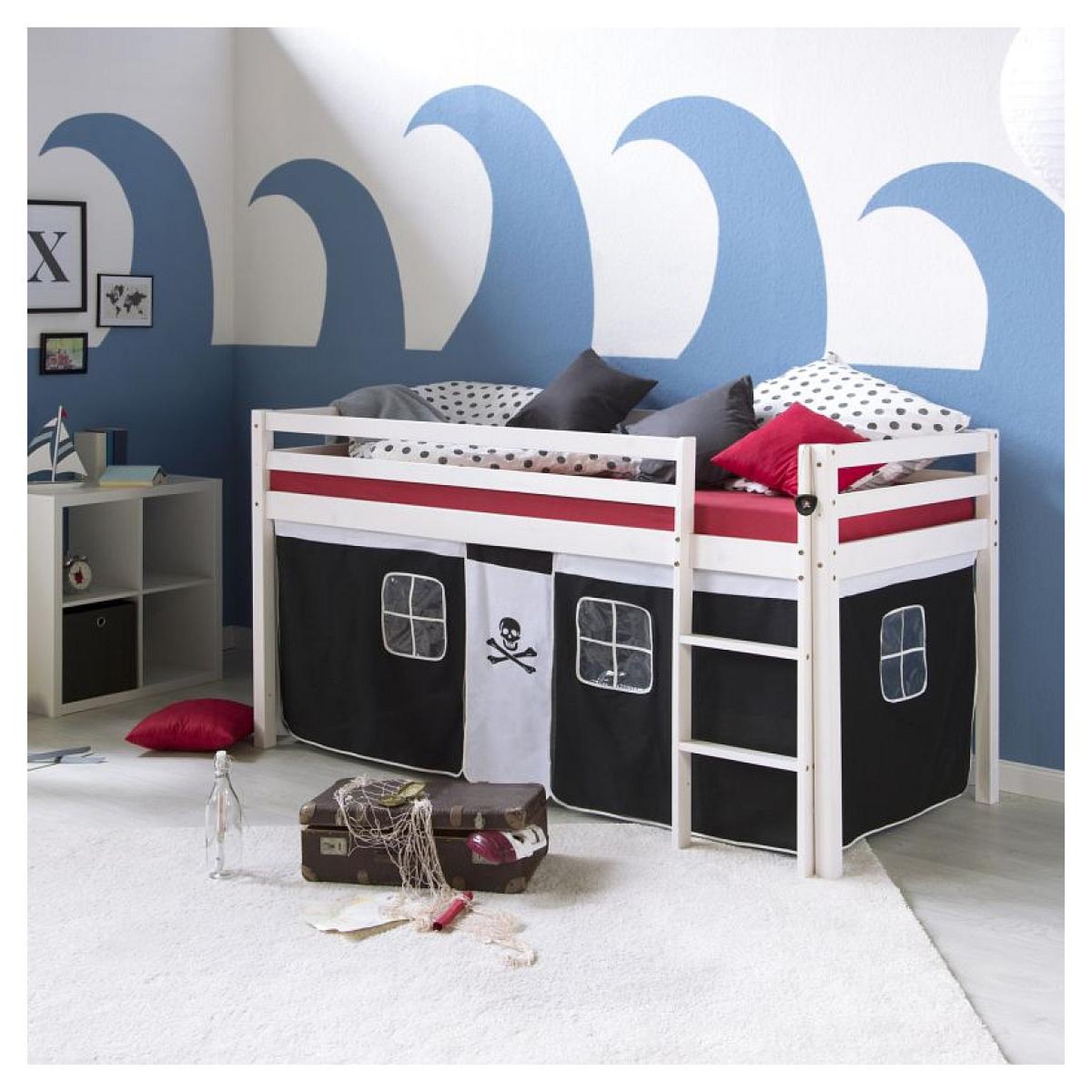 Voir la diapositive 4 : HomeStyle4U Lit mi-hauteur avec rideaux - noir