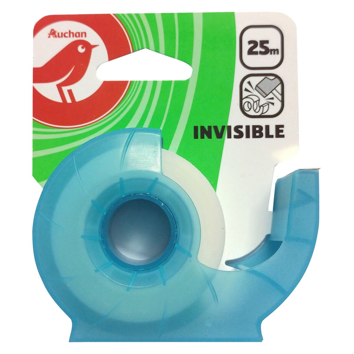 AUCHAN Scotch rouleau ruban adhésif 25m invisible avec dévidoir bleu