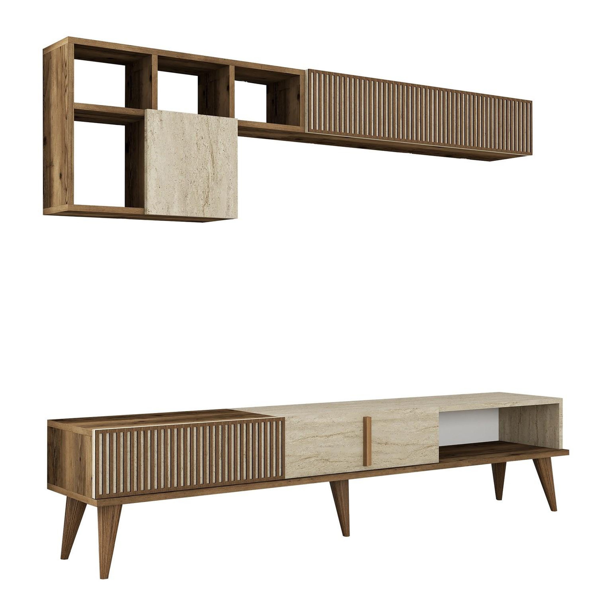 Habitat et Jardin Meuble tv en bois  milan  - 180 x 35 x 40 cm - noyer, travertin