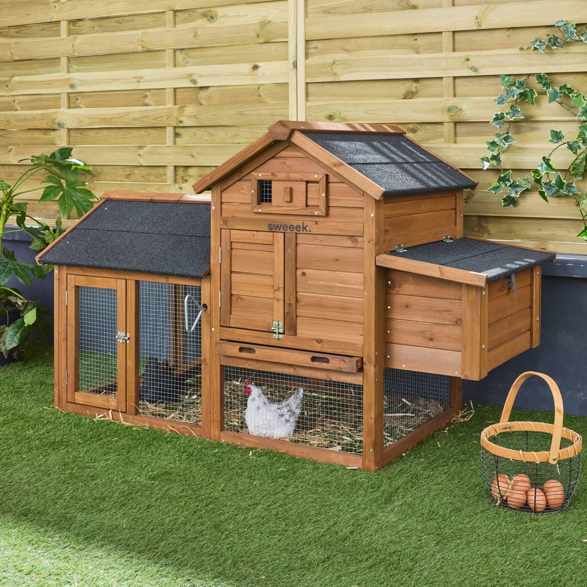 SWEEEK Poulailler en bois GALINETTE, 3 poules, cage à poule avec enclos