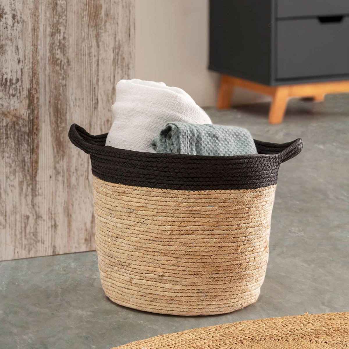 VS VENTA-STOCK Set de 3 paniers Otilia fibre naturelle et papier, noir/beige