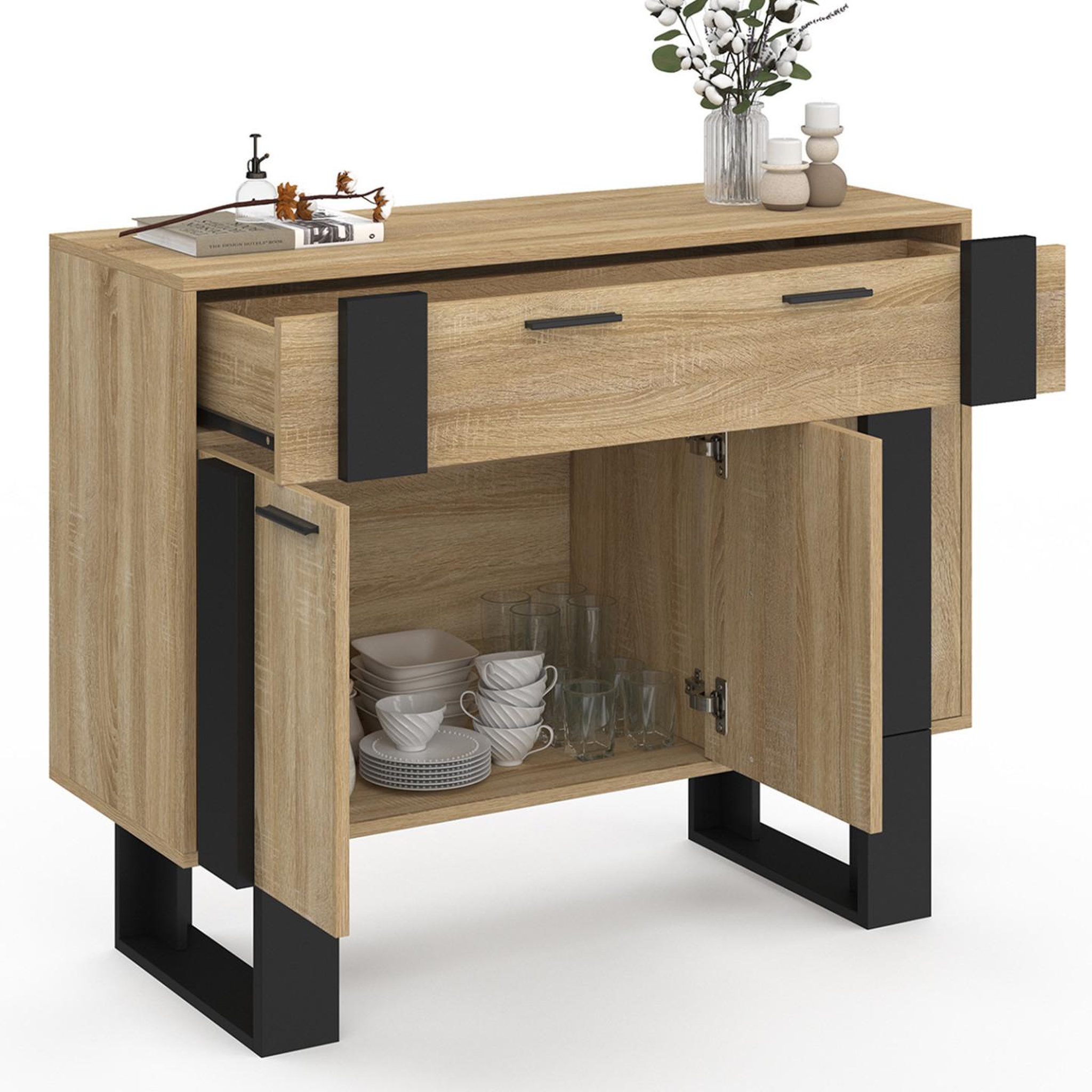 Voir la diapositive 4 : ID MARKET Buffet 100 cm phoenix 3 portes et 1 tiroir bois et noir