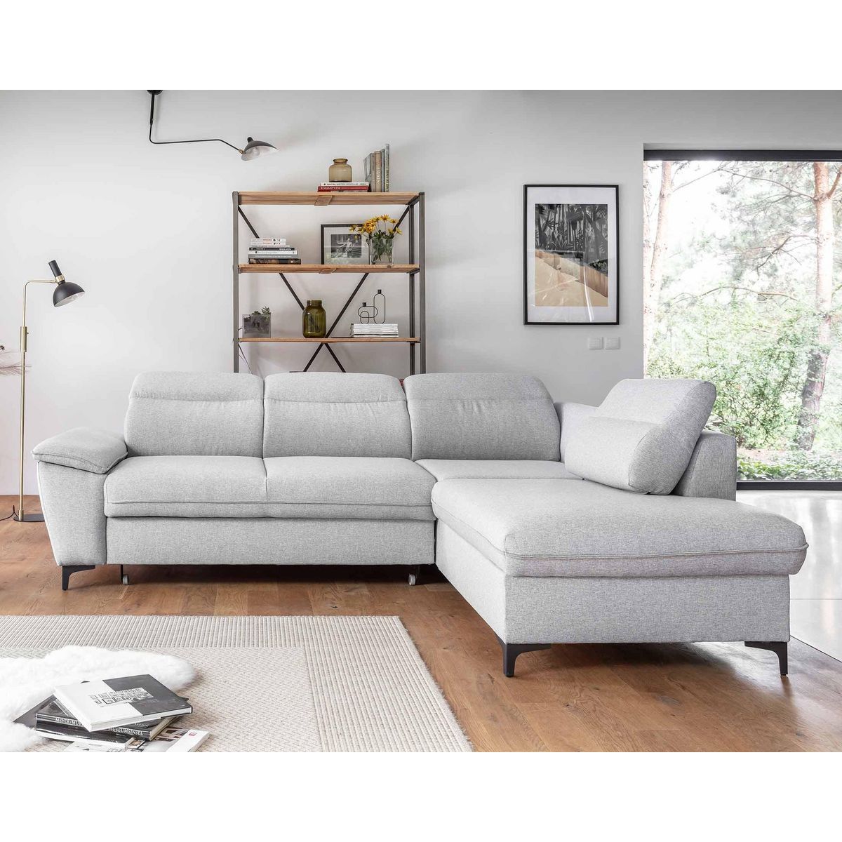 BEST MOBILIER Clever - canapé d'angle droit - 5 places - convertible avec coffre et têtières - en tissu