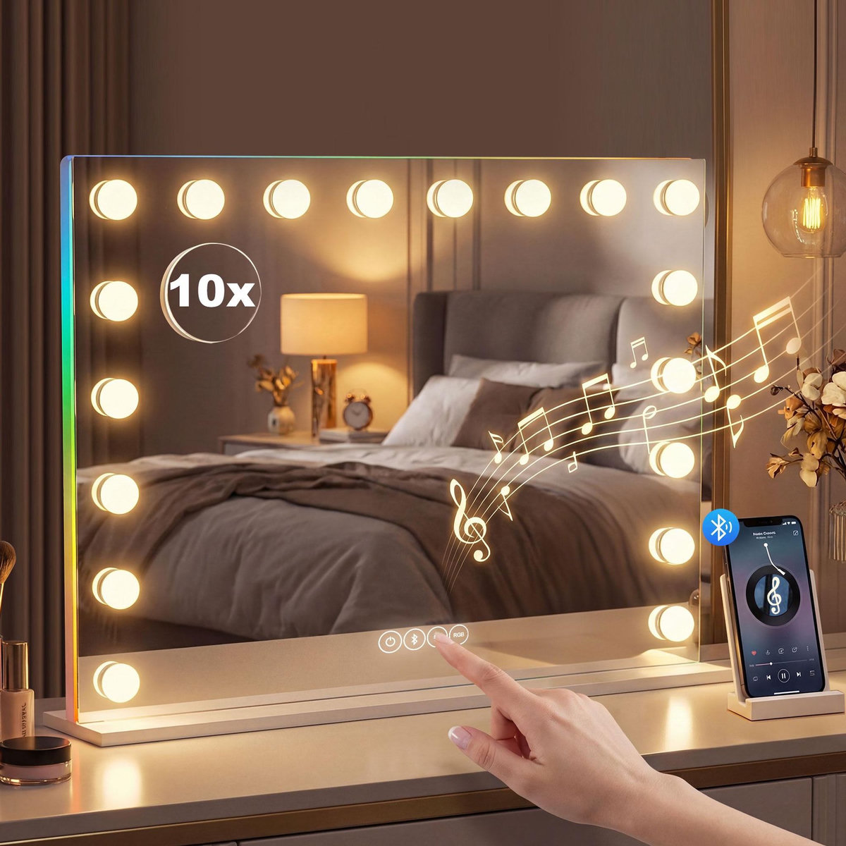 HOMCOM Miroir maquillage Hollywood lumineux LED tactile réglable 18 ampoules HP bluetooth