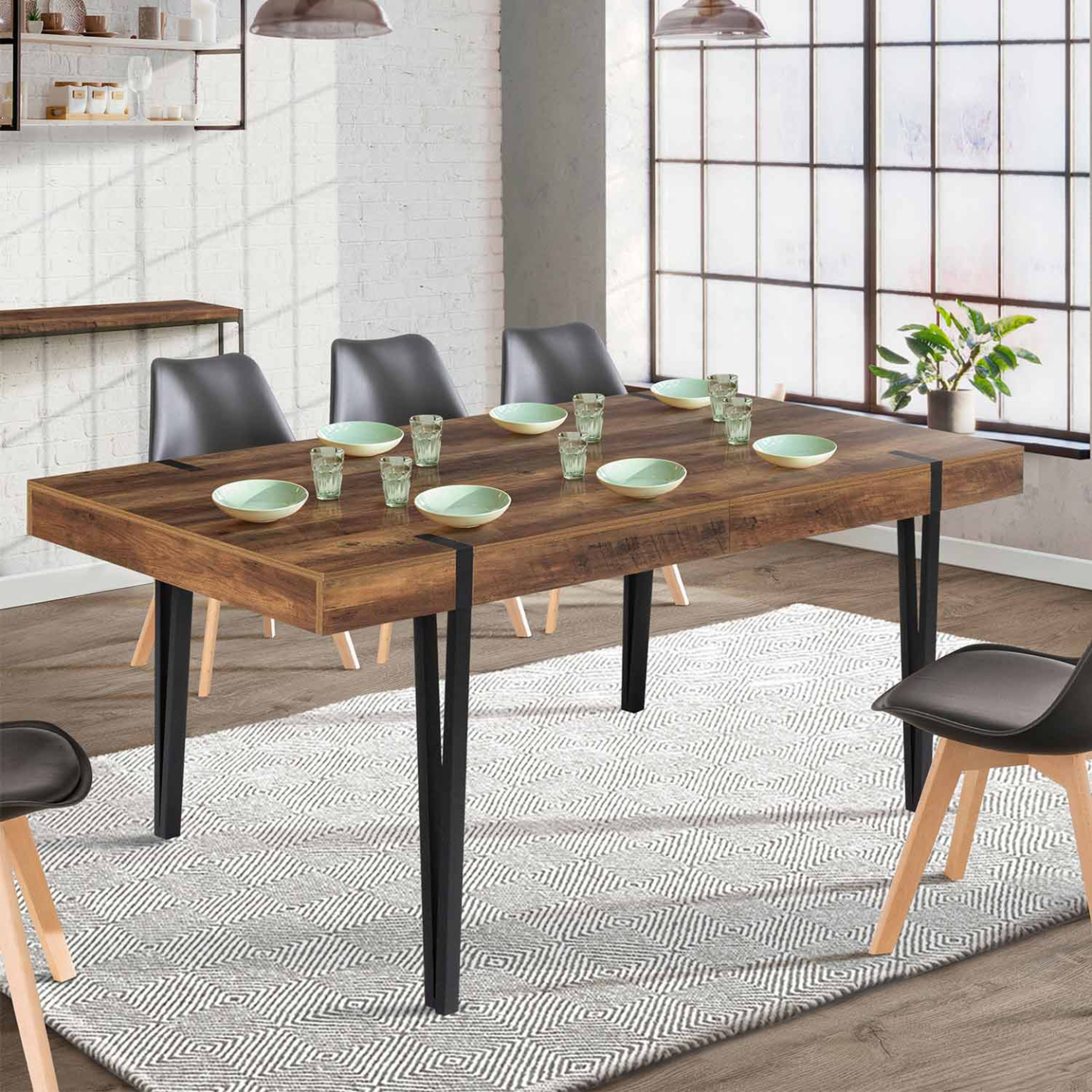 Voir la diapositive 4 : ID MARKET Table à manger extensible rectangle austria 6-10 personnes bois foncé pied épingle noir 160-200 cm