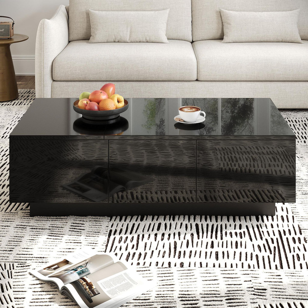 MERAX Table basse rectangulaire noir avec 3 tiroirs - 50x100 cm panneau de particules
