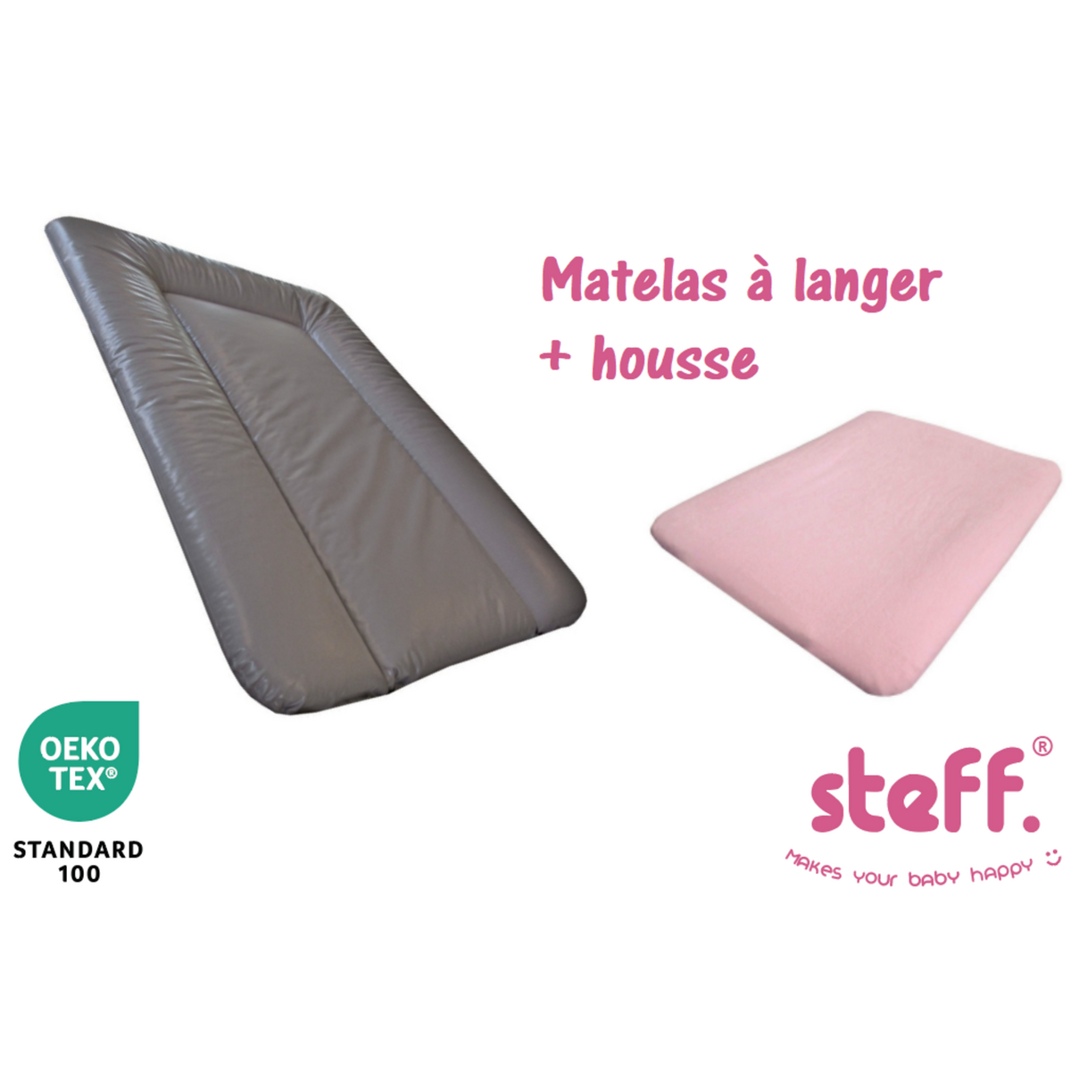  Steff - Matelas à langer taupe 50x70 cm + housse de matelas à langer rose pastel 50x70 cm - l'OEKO TEX label standard 100