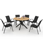 ID MARKET Salon de jardin MESSINA table ronde 120 cm pied araignée plateau métal effet bois et 6 chaises empilables noires