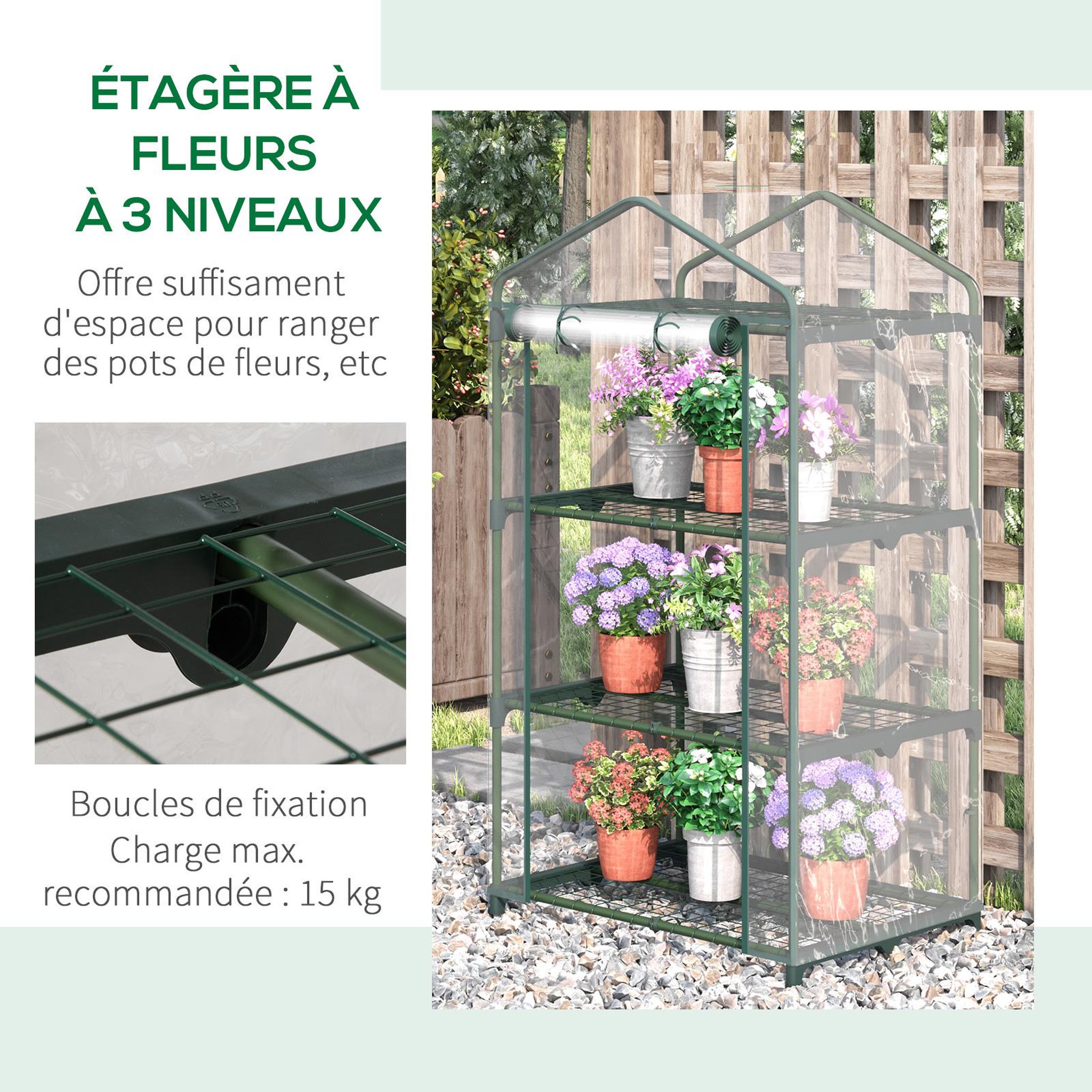 Voir la diapositive 6 : OUTSUNNY Serre de jardin balcon étagère serre 3 niveaux dim. 69L x 49l x 125H cm métal thermolaqué vert PVC haute densité transparent
