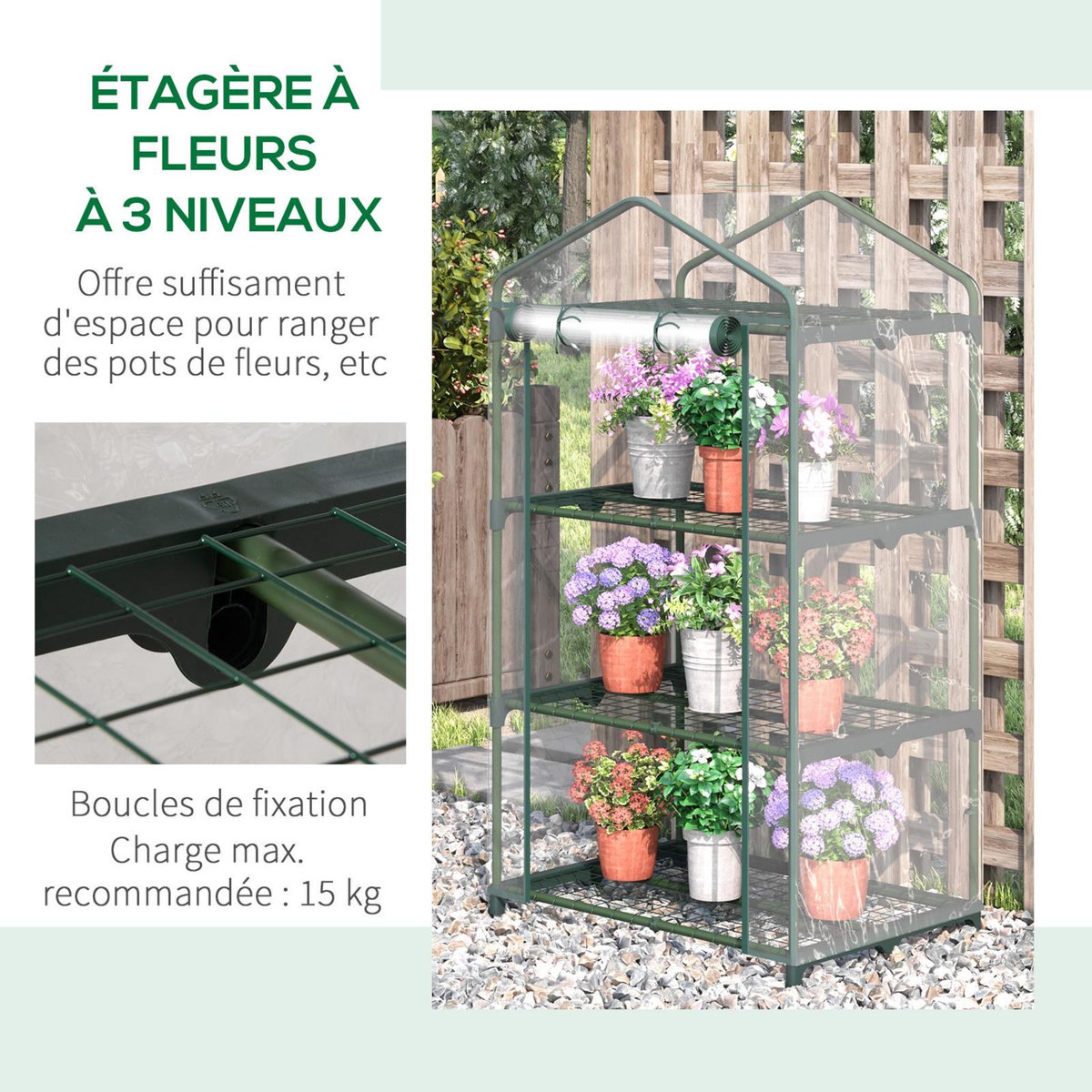 OUTSUNNY Serre de jardin balcon étagère serre 3 niveaux dim. 69L x 49l x 125H cm métal thermolaqué vert PVC haute densité transparent