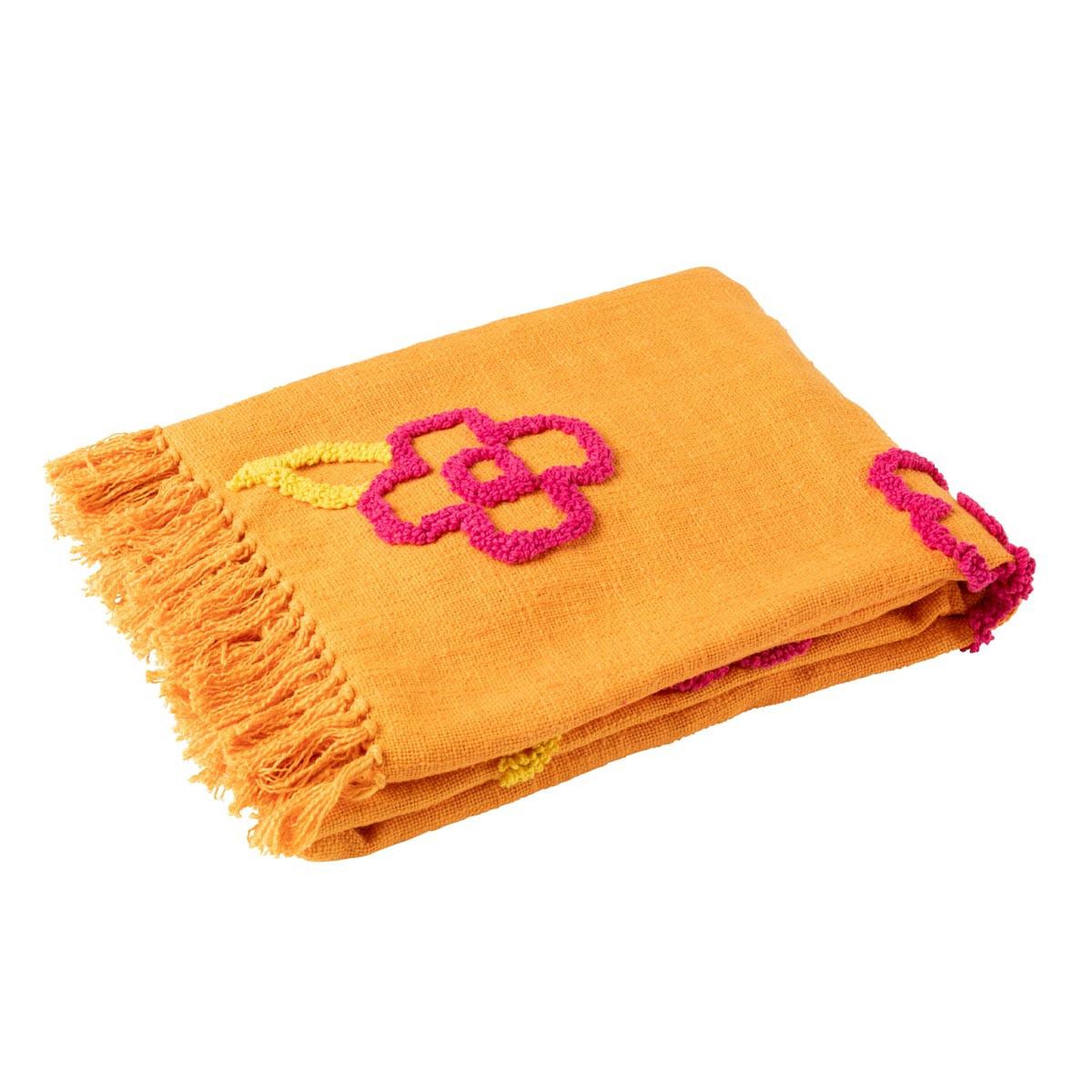 J-LINE Plaid fleur en coton  levi  130x180cm orange