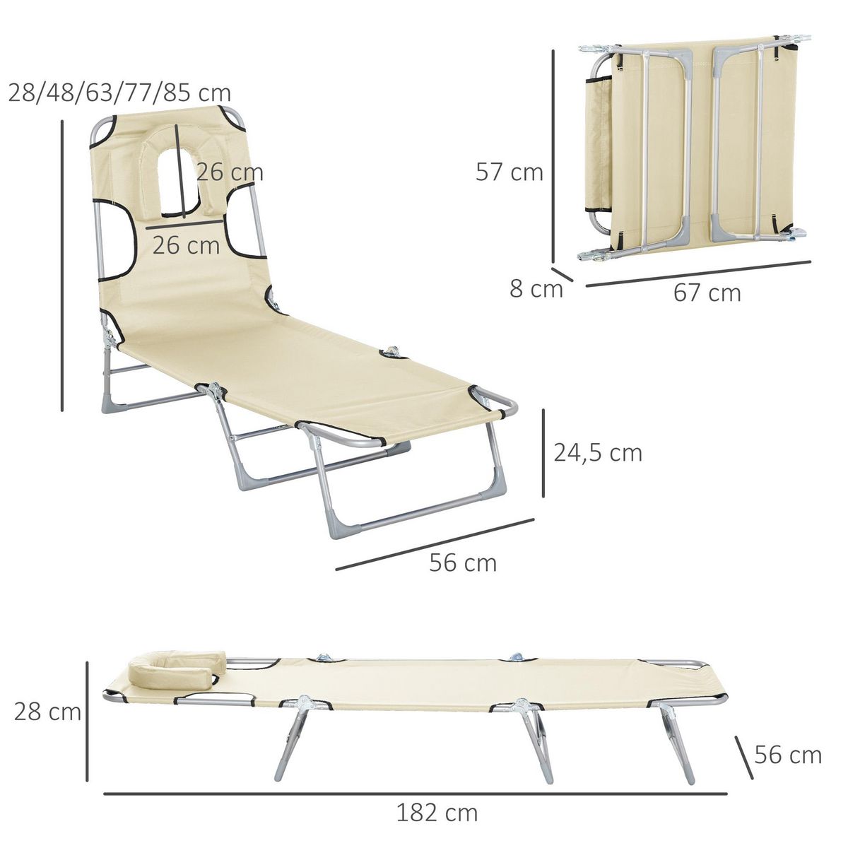 OUTSUNNY Bain de soleil pliable inclinable 4 positions - espace visage rembourré - acier oxford beige