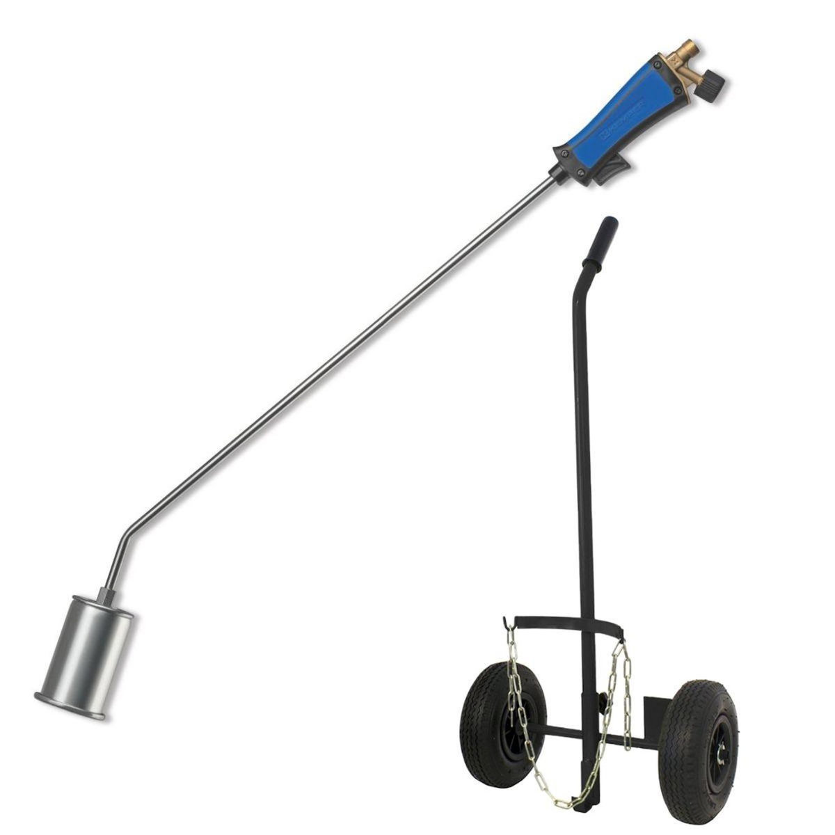 Kemper Desherbeur thermique + Chariot à roues pour bouteille gaz + Allume gaz + Détendeur Gaz Bruleur 60mm Tuyau 5m Désherbage KEMPER