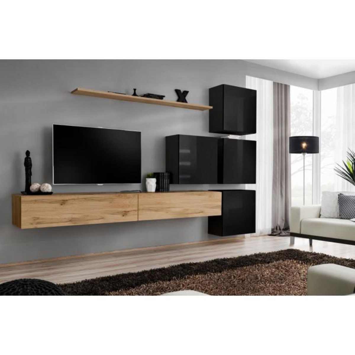 Paris Prix Meuble TV Mural Design  Switch IX  310cm Naturel & Noir