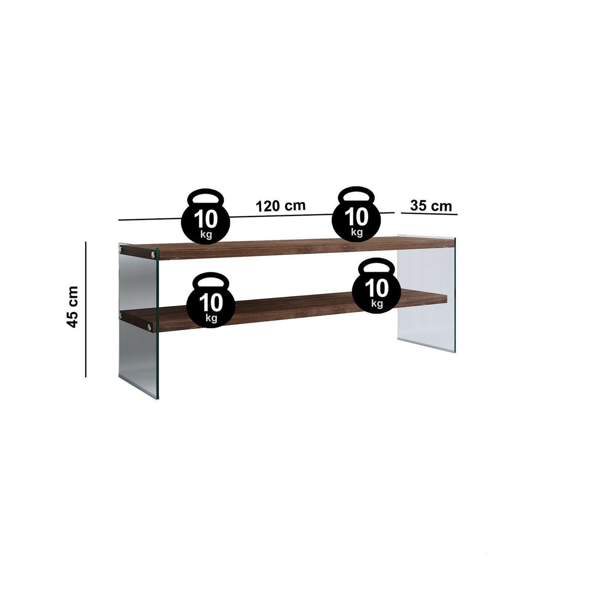 Voir la diapositive 4 : TOILINUX Meuble tv en bois de pin massif et structure en verre 1 étagère - l.120cm x h.45cm - marron foncé