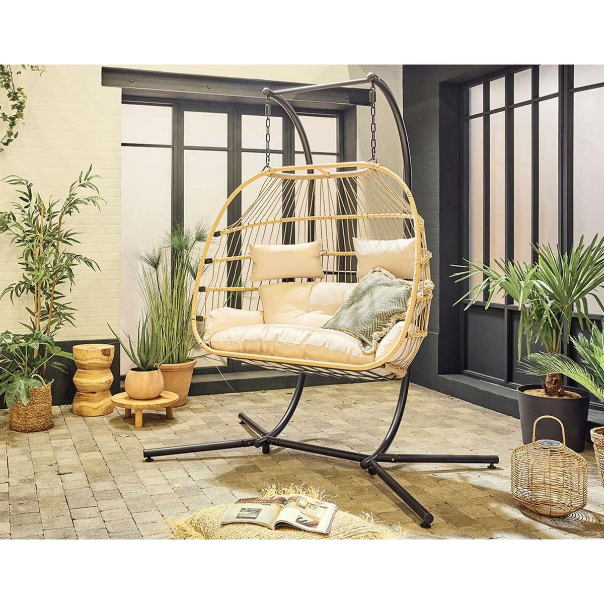 LISA DESIGN Mirella - fauteuil suspendu 2 places - naturel et coussins beiges