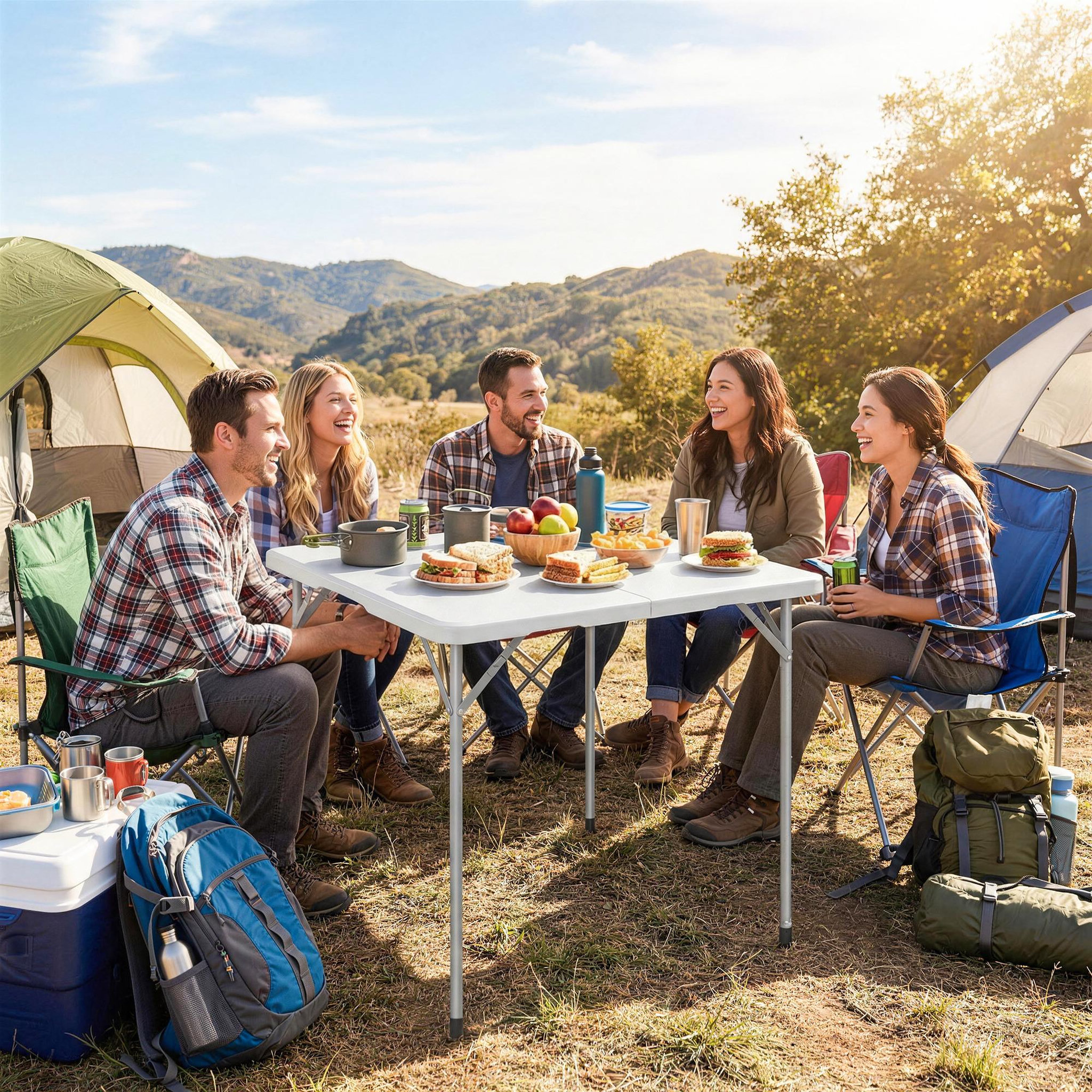 Voir la diapositive 6 : OUTSUNNY Table de camping carrée pliante hauteur réglable métal HDPE blanc