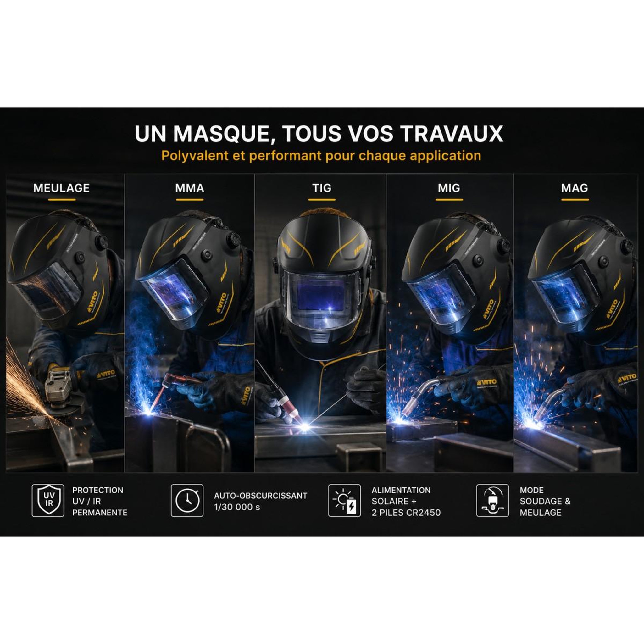 Voir la diapositive 4 : VITO Masque de soudure Electronique True Color Din 4-13 Cagoule de soudage MIG MAG TIG MMA Auto-obscurcissement VITO