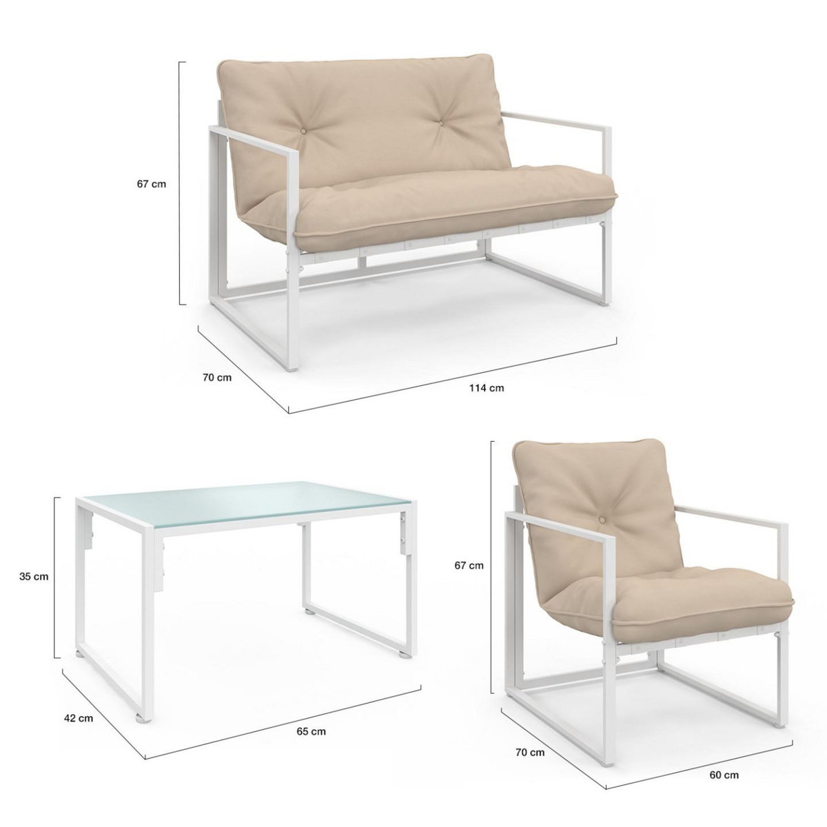 ID MARKET Salon de jardin bas NAIROBI 4 places en acier blanc et coussins beige