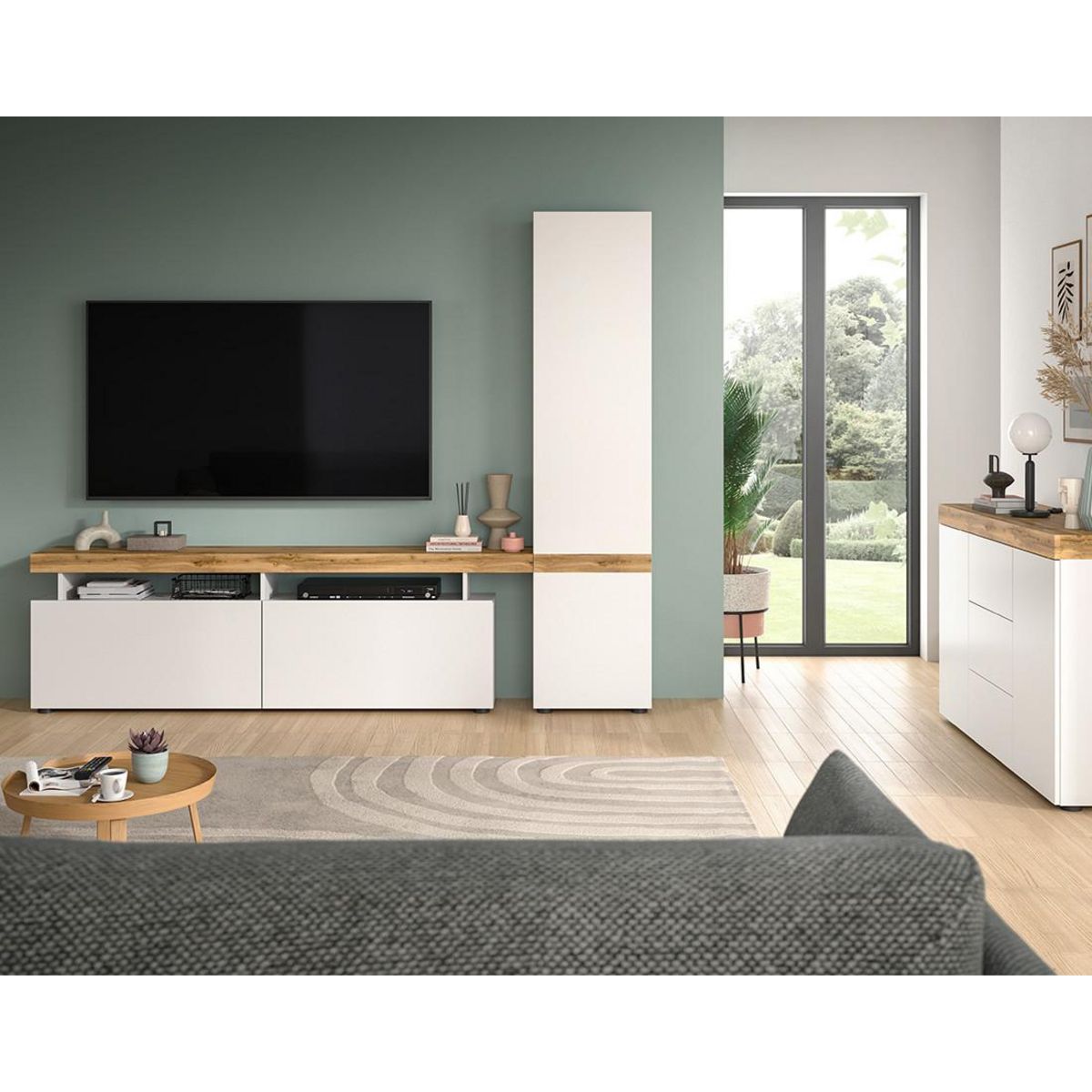 BEST MOBILIER Olivier - meuble tv avec armoire - 3 portes - blanc et effet bois - 235x190 cm