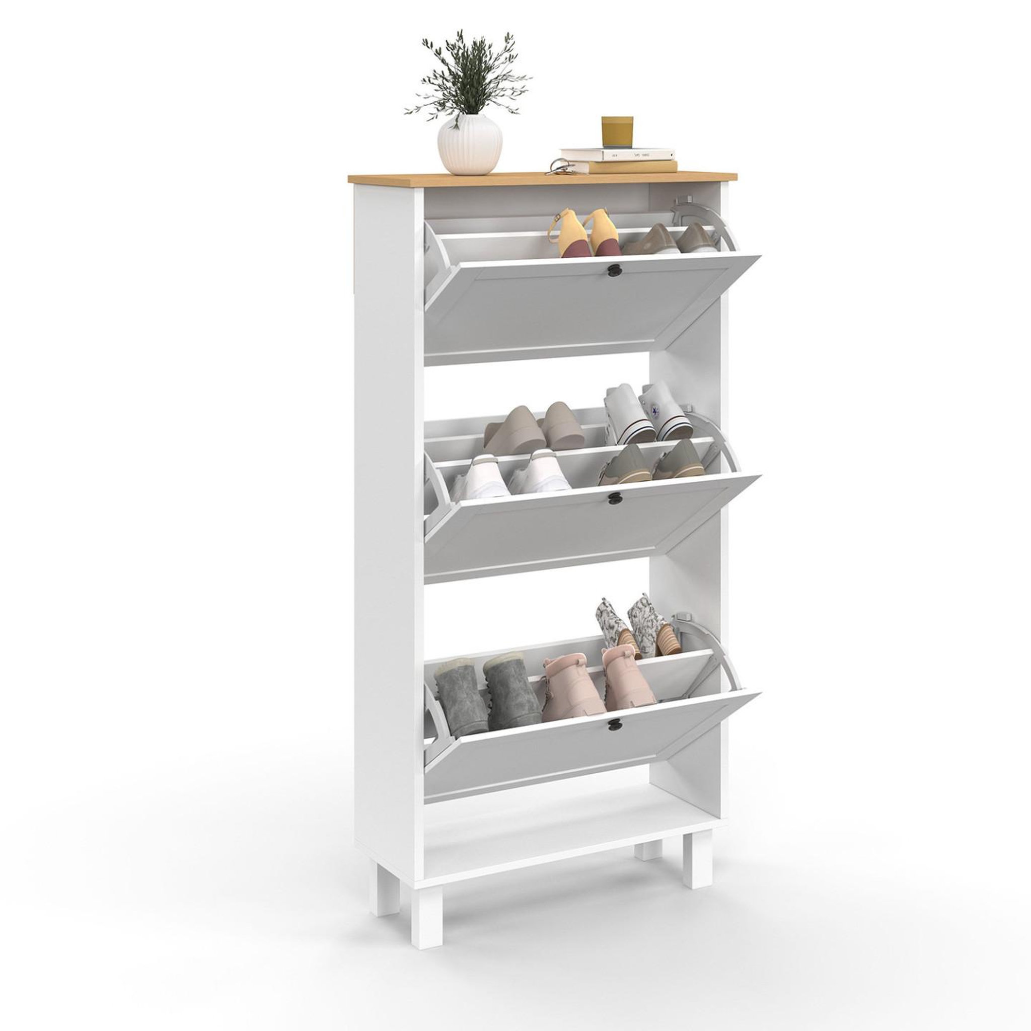 Voir la diapositive 4 : ID MARKET Meuble à chaussures 18 paires achille 3 portes blanc et plateau bois