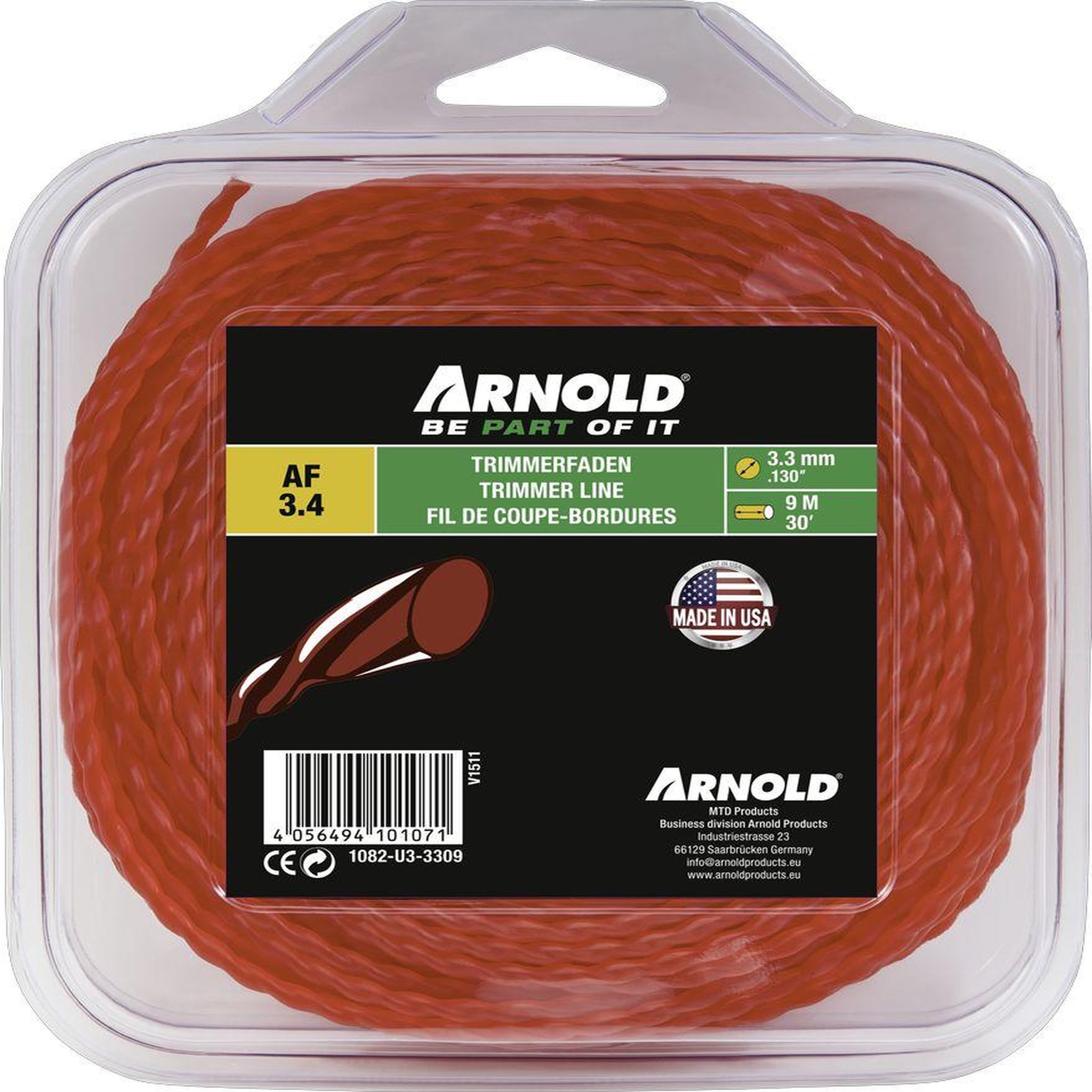 ARNOLD Fil de coupe-bordure rond en nylon torsadé rouge AF 3,4, 3,3 mm × 9 m