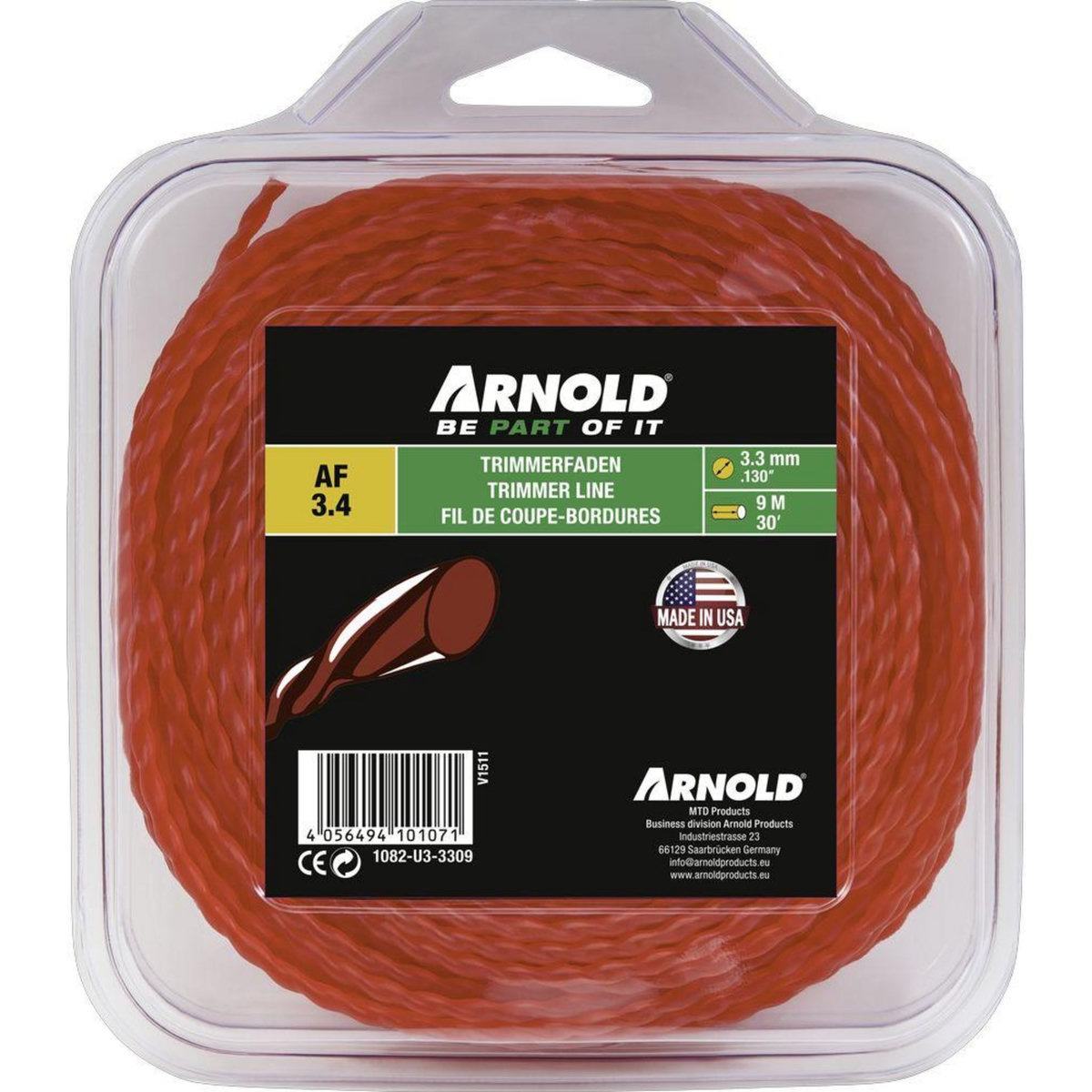 ARNOLD Fil de coupe-bordure rond en nylon torsadé rouge AF 3,4, 3,3 mm × 9 m