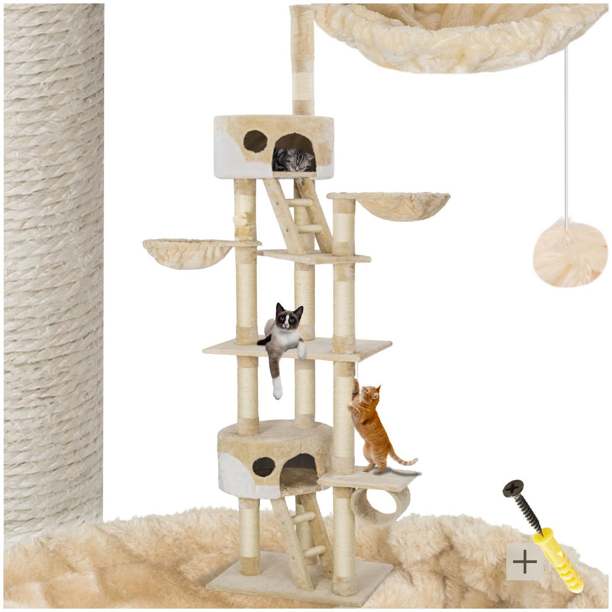 tectake Arbre à chat 243 à 260 cm avec griffoir et plateforme d'escalade beige/blanc