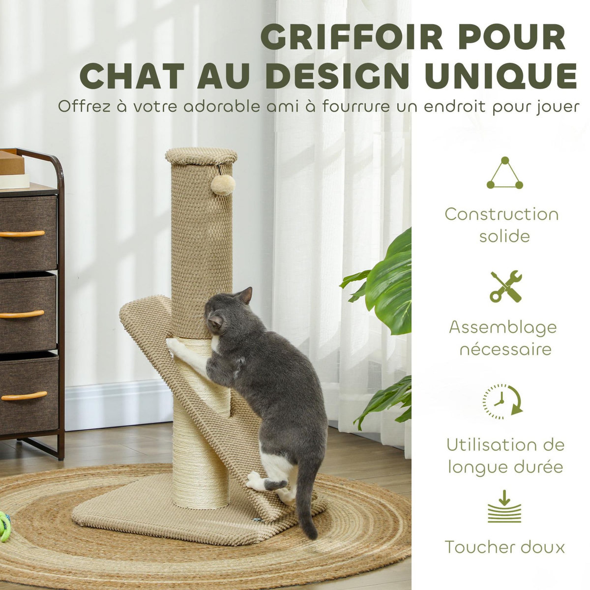 PAWHUT Griffoir chat taille M - Poteau à griffer H.84 cm, jeu boule - sisal naturel revêtement patchwork grain d'ananas beige