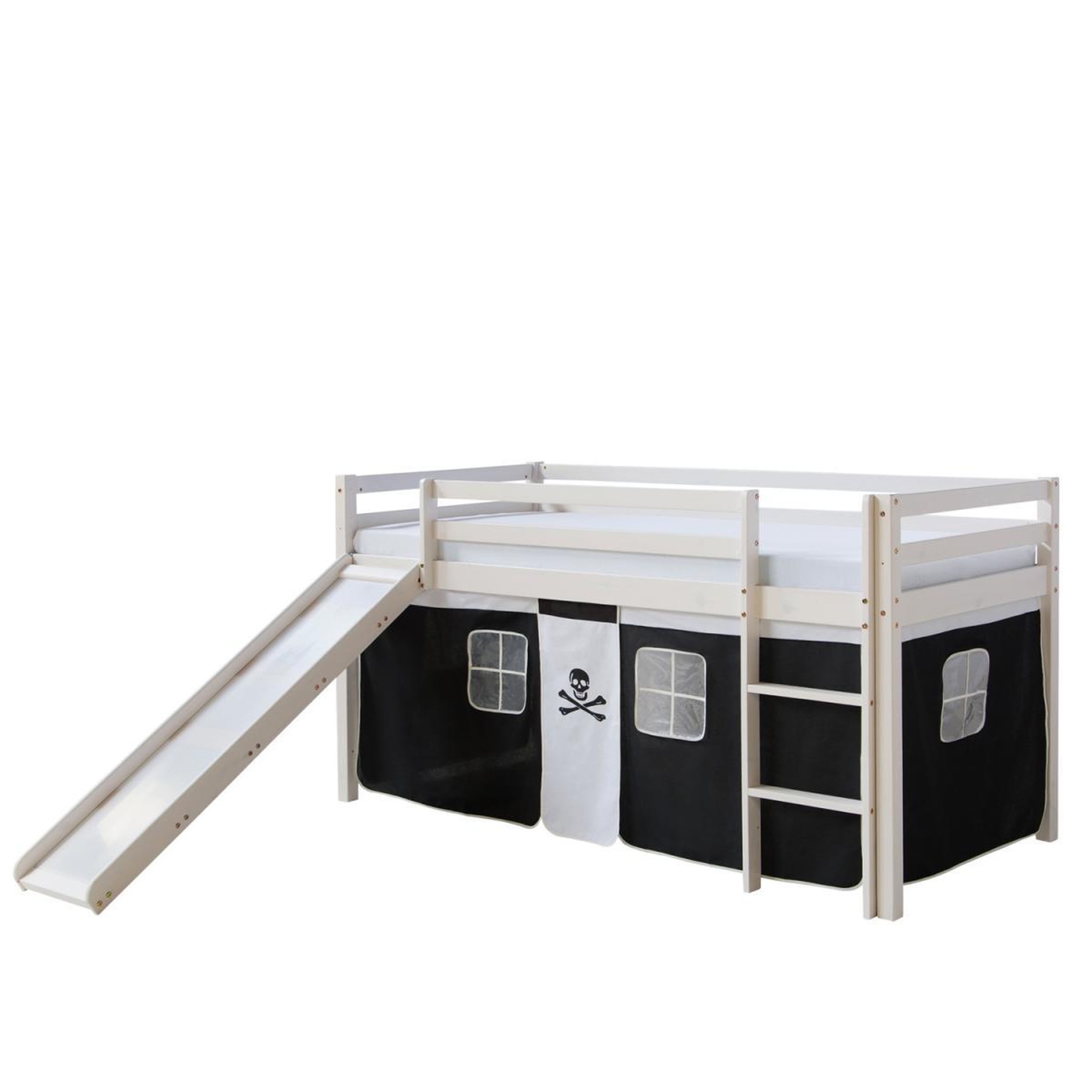 Voir la diapositive 1 : HomeStyle4U Lit Simple Blanc 90x200 en hauteur avec echelle et rideau Foncé et toboggan