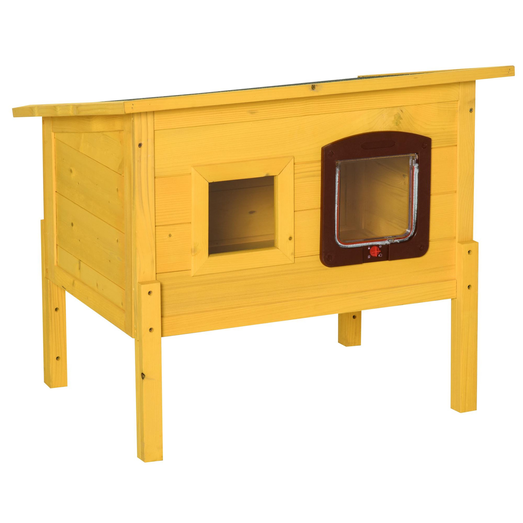 Voir la diapositive 1 : PAWHUT Maison niche pour chat sur pied toit bitumé ouvrant porte fenêtre bois verni