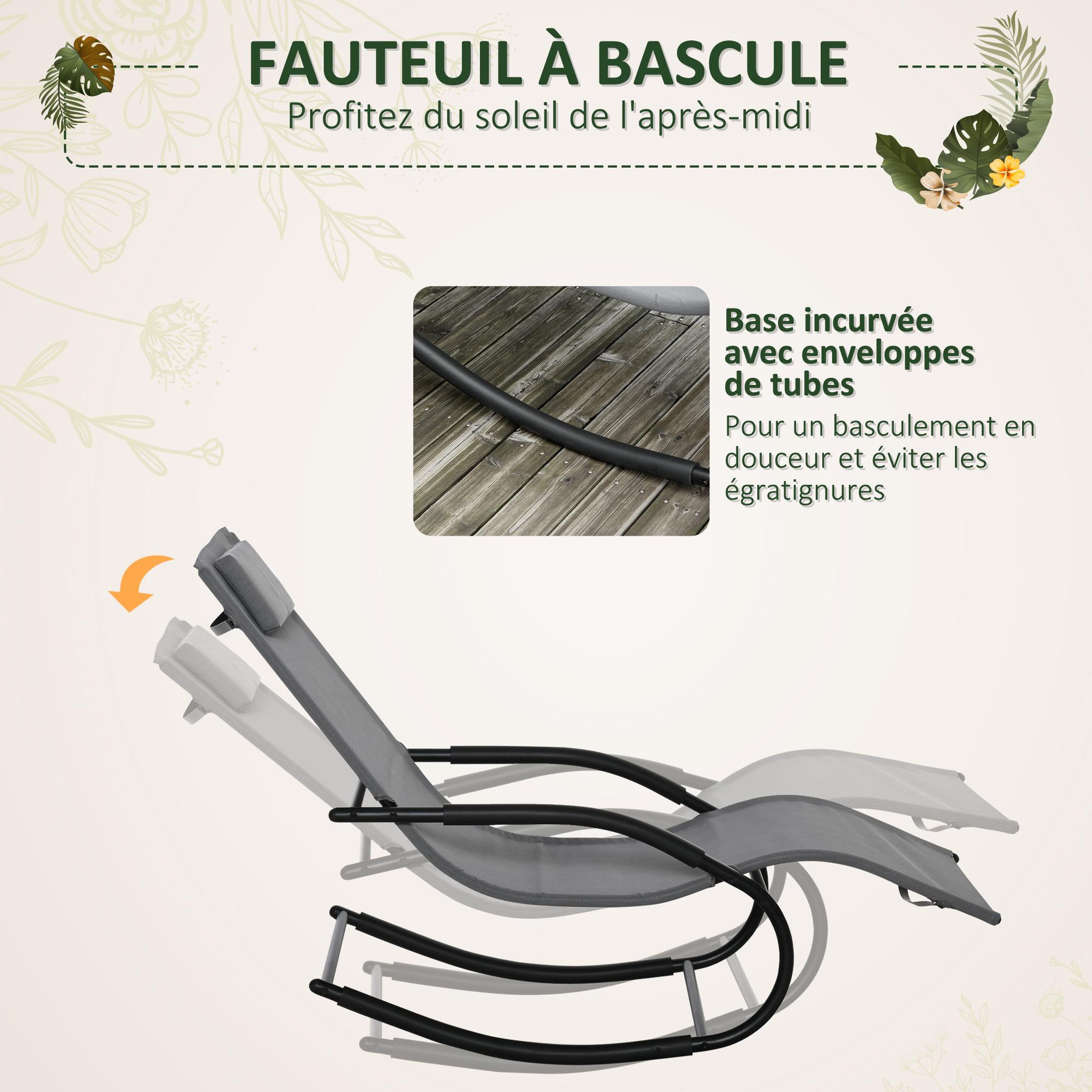 Voir la diapositive 3 : OUTSUNNY Chaise longue à bascule rocking chair design acier époxy noir textilène gris