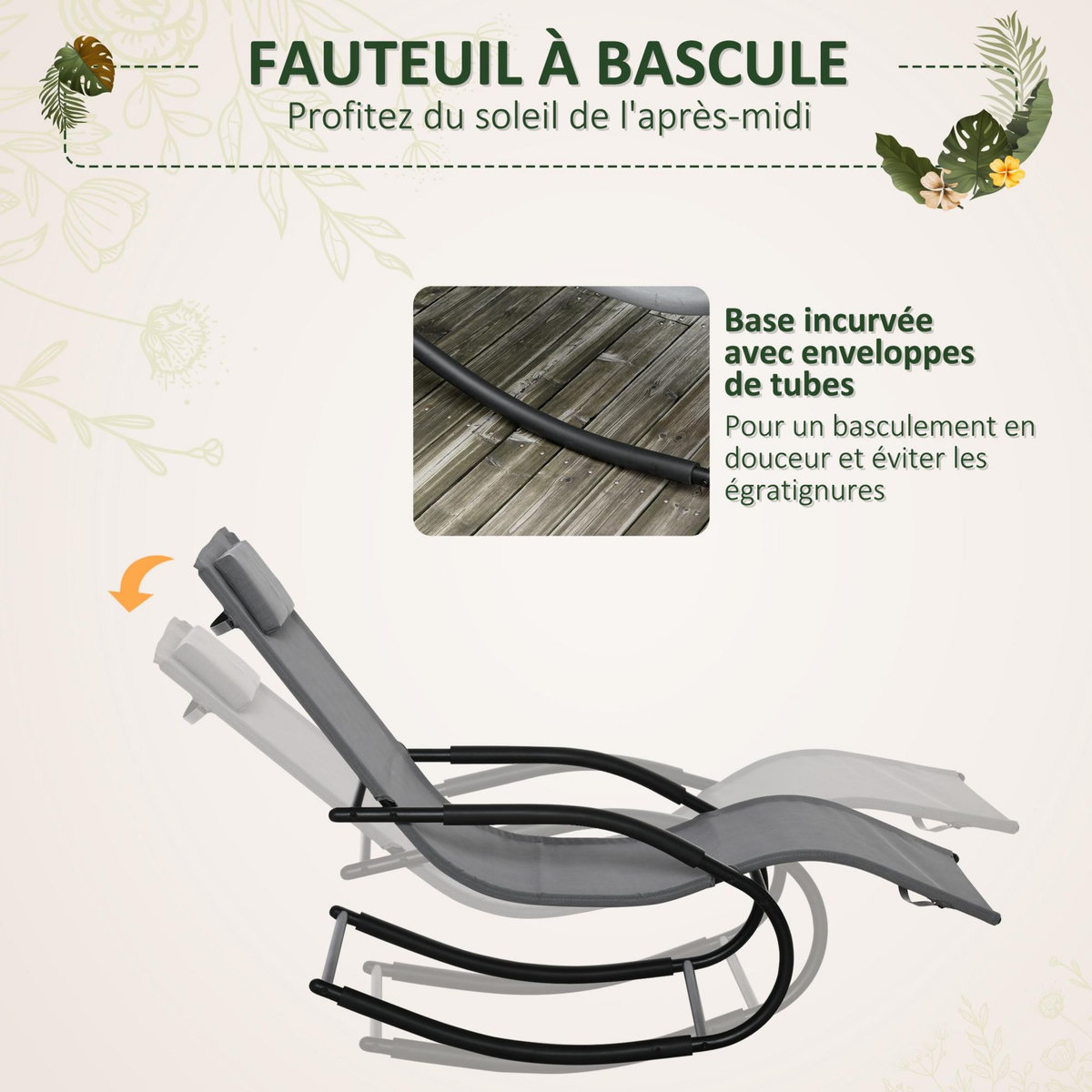 OUTSUNNY Chaise longue à bascule rocking chair design acier époxy noir textilène gris