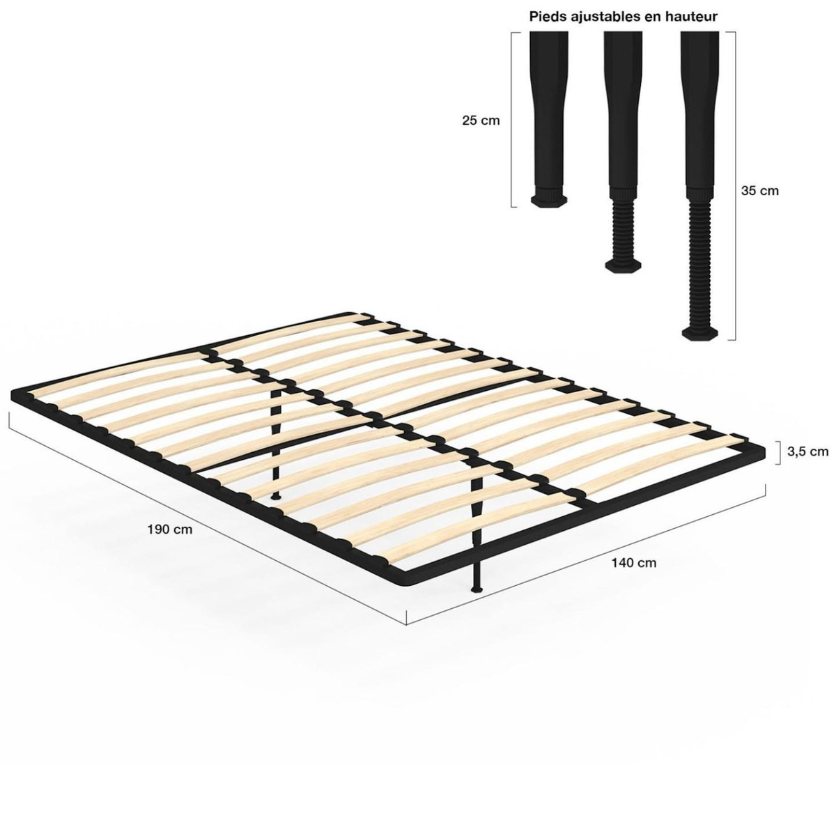 ID MARKET Sommier cadre métal à lattes fixe 140 x 190 cm