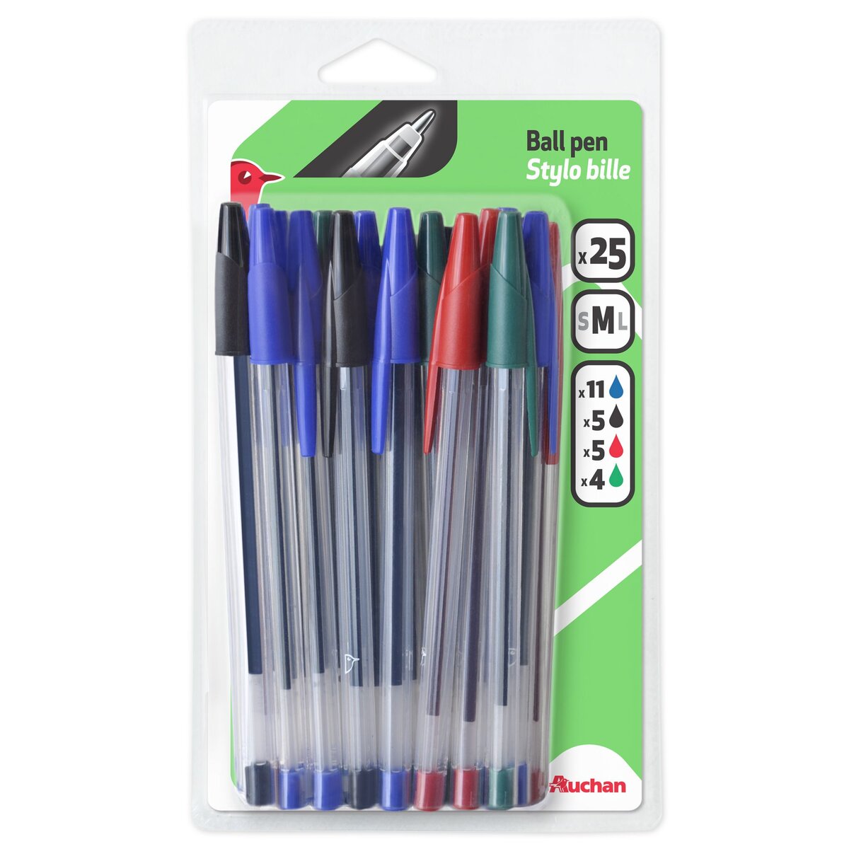AUCHAN  Lot de 25 stylos bille pointes moyennes coloris assortis