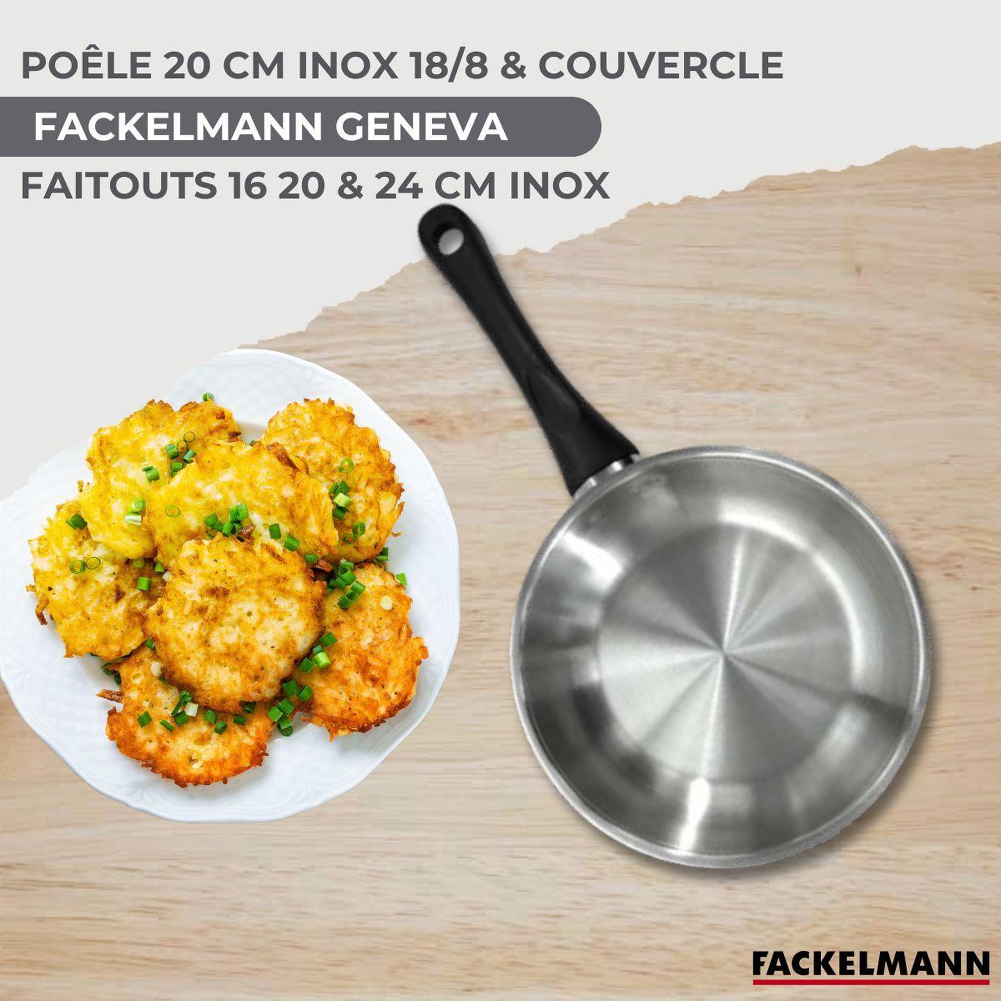 Voir la diapositive 2 : Fackelmann Batterie de cuisine avec 3 faitouts 16/20/24 cm et 1 poêle 20 cm avec 6 ustensiles de cuisine fackelmann généva brillant vario avec couvercles