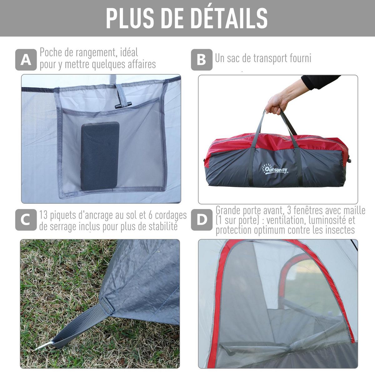 OUTSUNNY Tente de camping familiale 5-6 pers. - grande porte + 3 fenêtres - dim. 4,55L x 2,3l x 1,8H m fibre verre polyester oxford gris