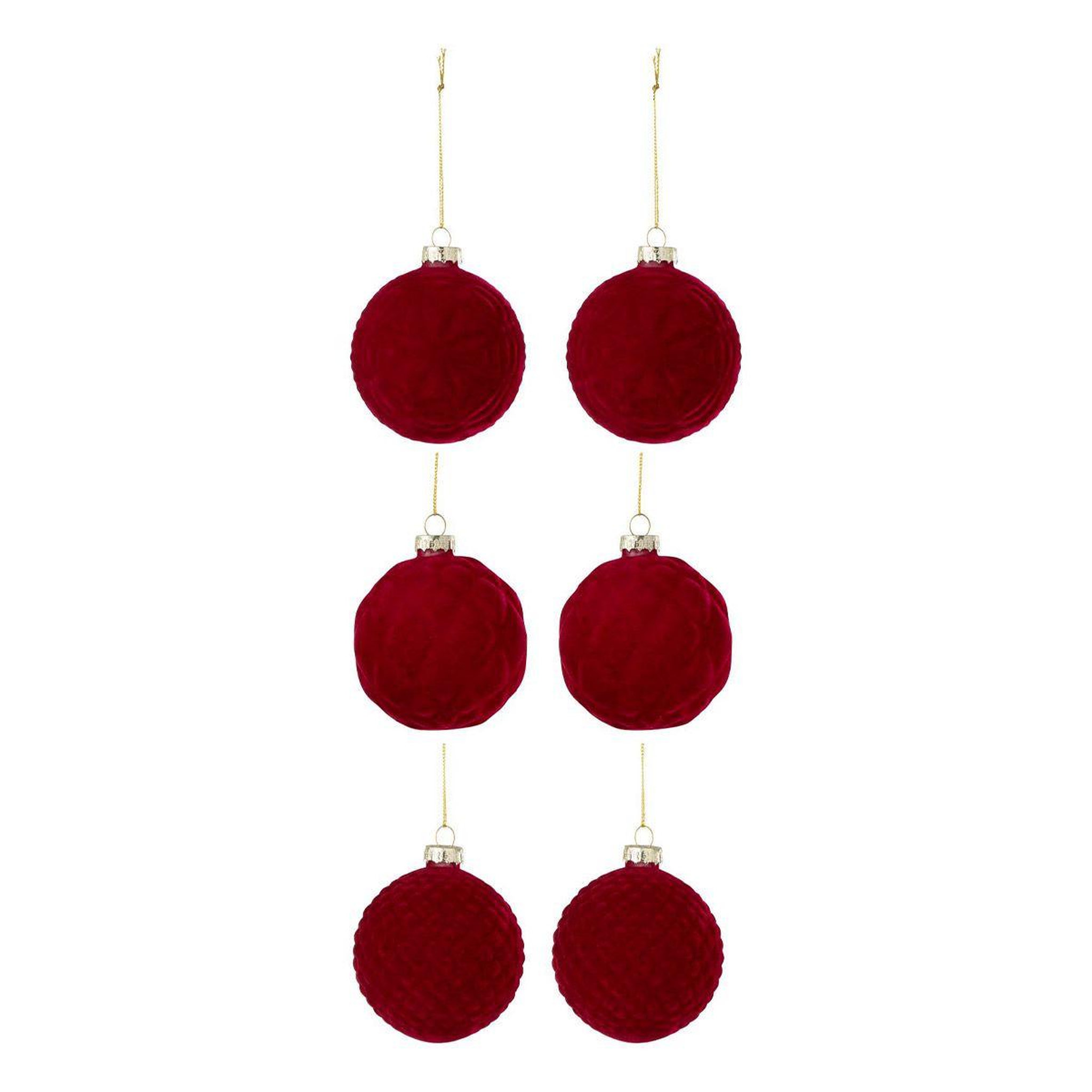 J-LINE Lot de 6 boules de noël velours  caro  8cm rouge