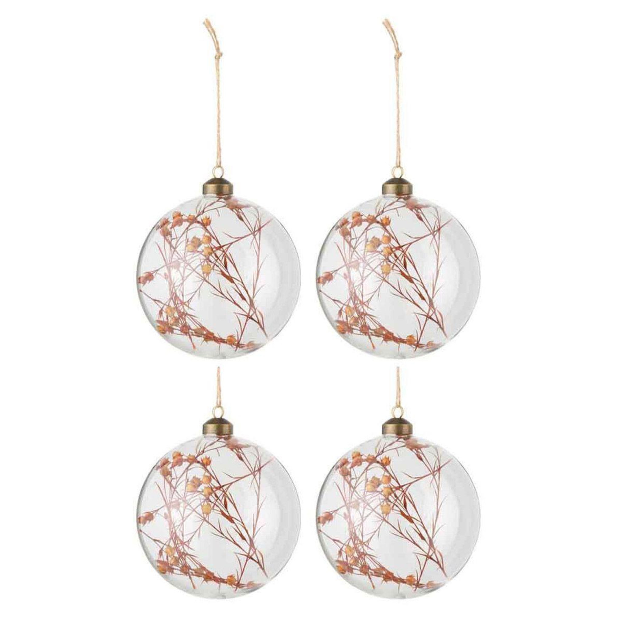 J-LINE Lot de 4 boules de noël  fleurs séchées  12cm orange