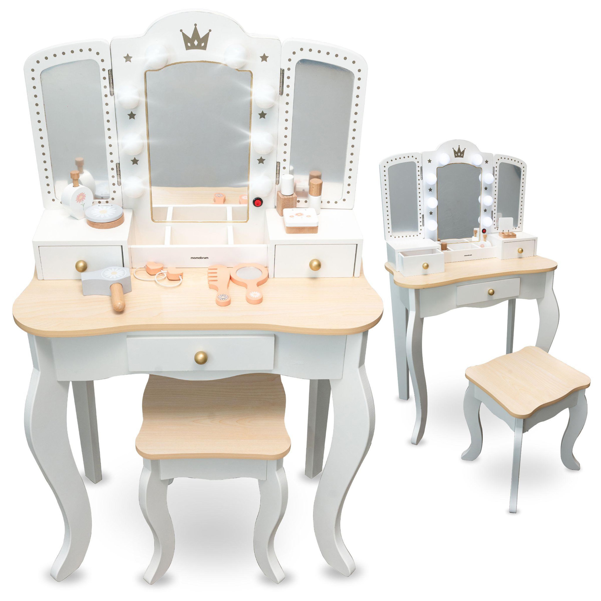 MAMABRUM Coiffeuse Enfant Bois avec Tabouret & Miroir LED, Tiroir & Accessoires – 2 en 1 Bureau Enfant +3