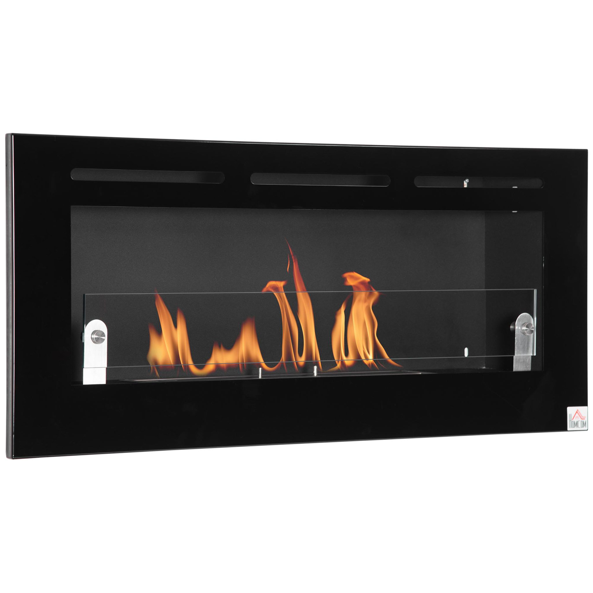 Voir la diapositive 1 : HOMCOM Cheminée bioéthanol murale design contemporain - réservoir 2,8 L couverture 30 m² - pare-feu verre trempé, kit fixation inclus - dim. 102L x 16l x 43H cm