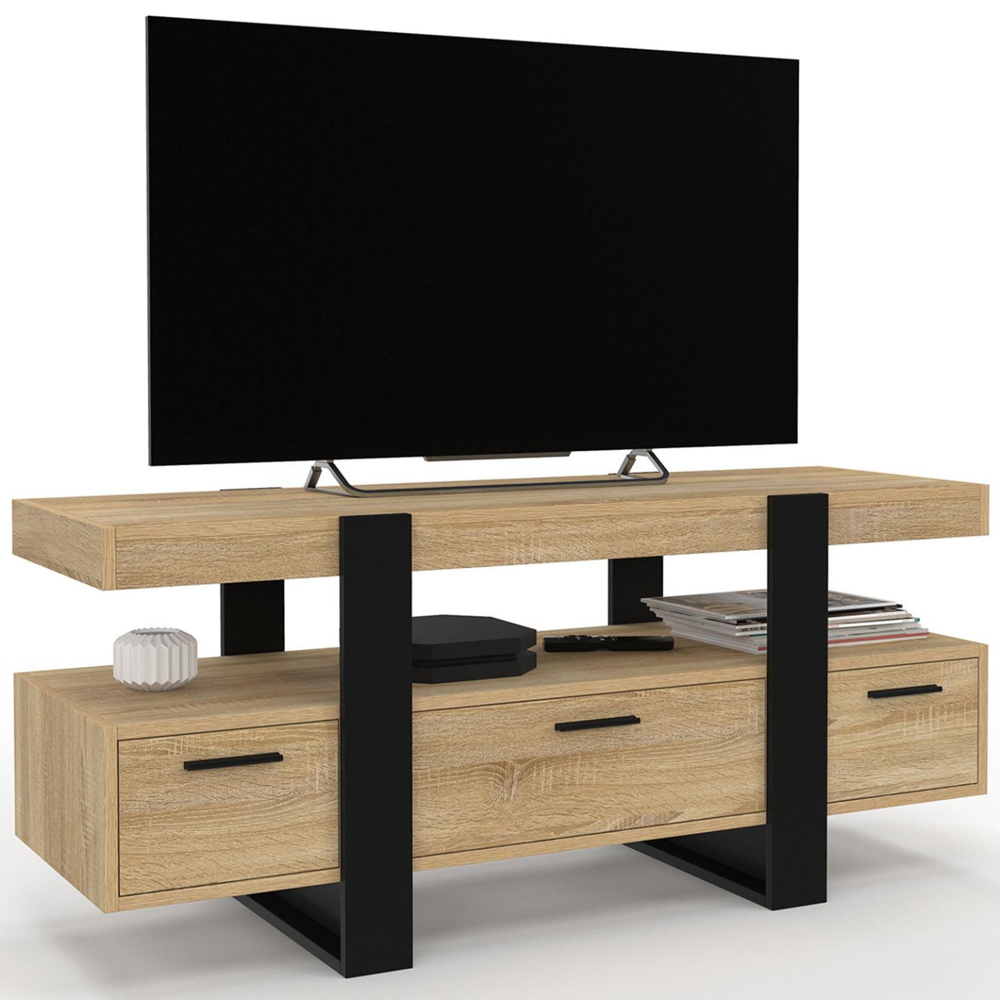 ID MARKET Meuble tv 116 cm phoenix avec tiroirs bois et noir