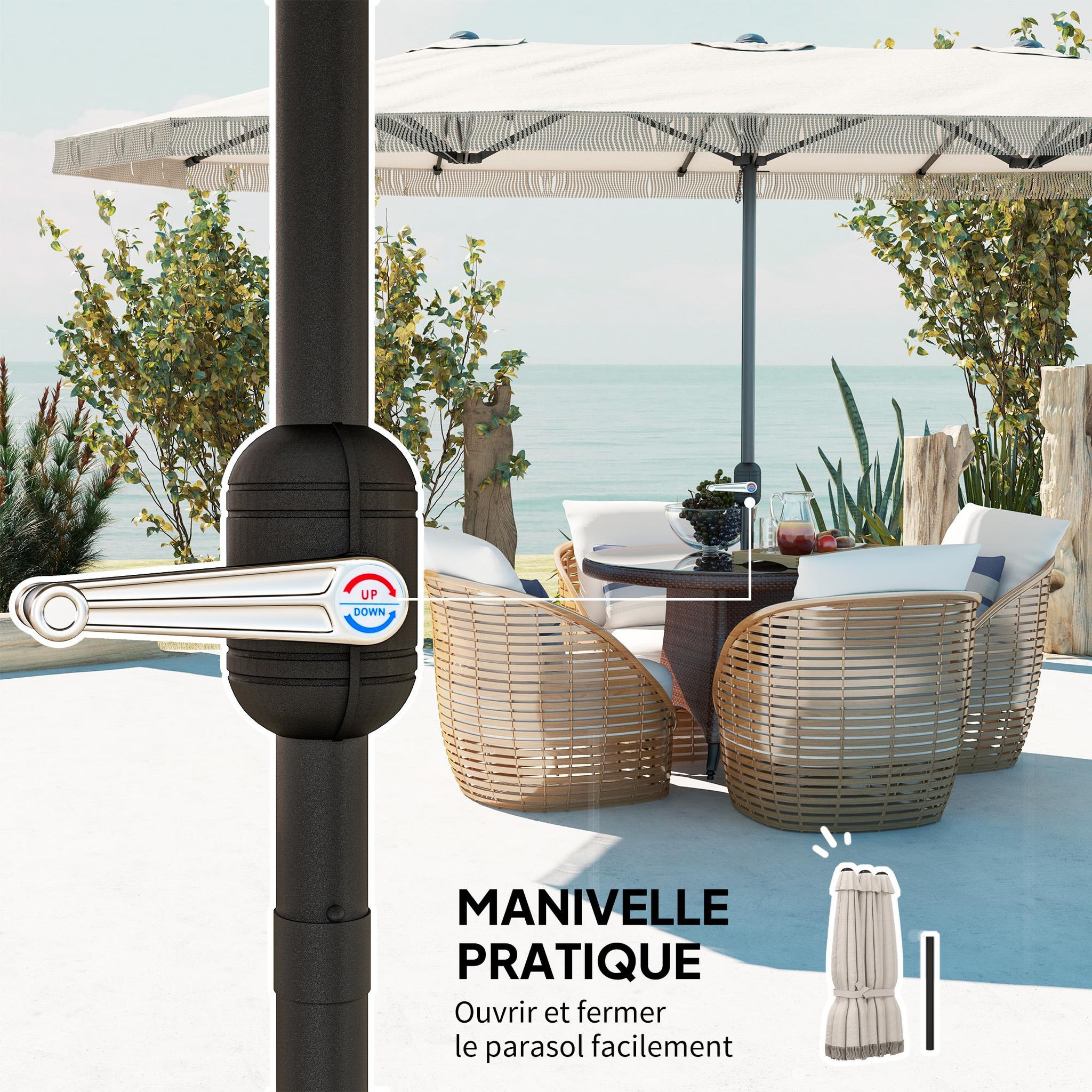 Voir la diapositive 5 : OUTSUNNY Parasol style bohème à franges XXL dim. 4,5 x 2,65 x 2,6 m ouverture fermeture manivelle métal tissu beige clair