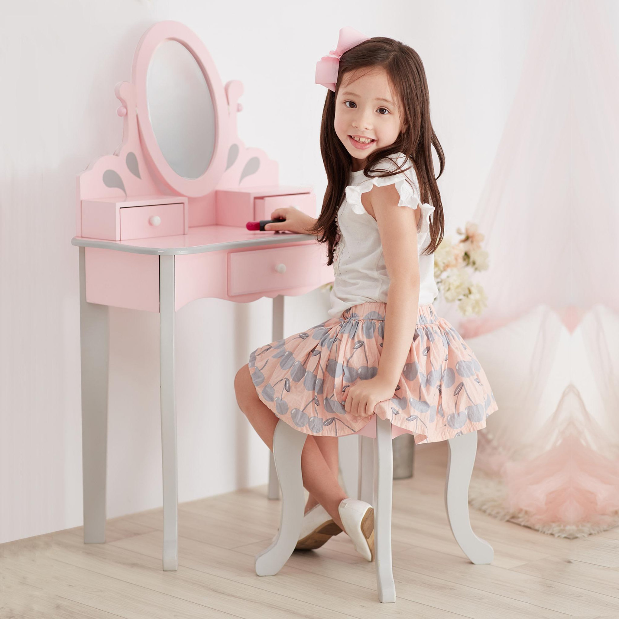 Voir la diapositive 3 : TEAMSON KIDS Coiffeuse Bois Rose et Grise avec Tabouret et Miroir Enfant
