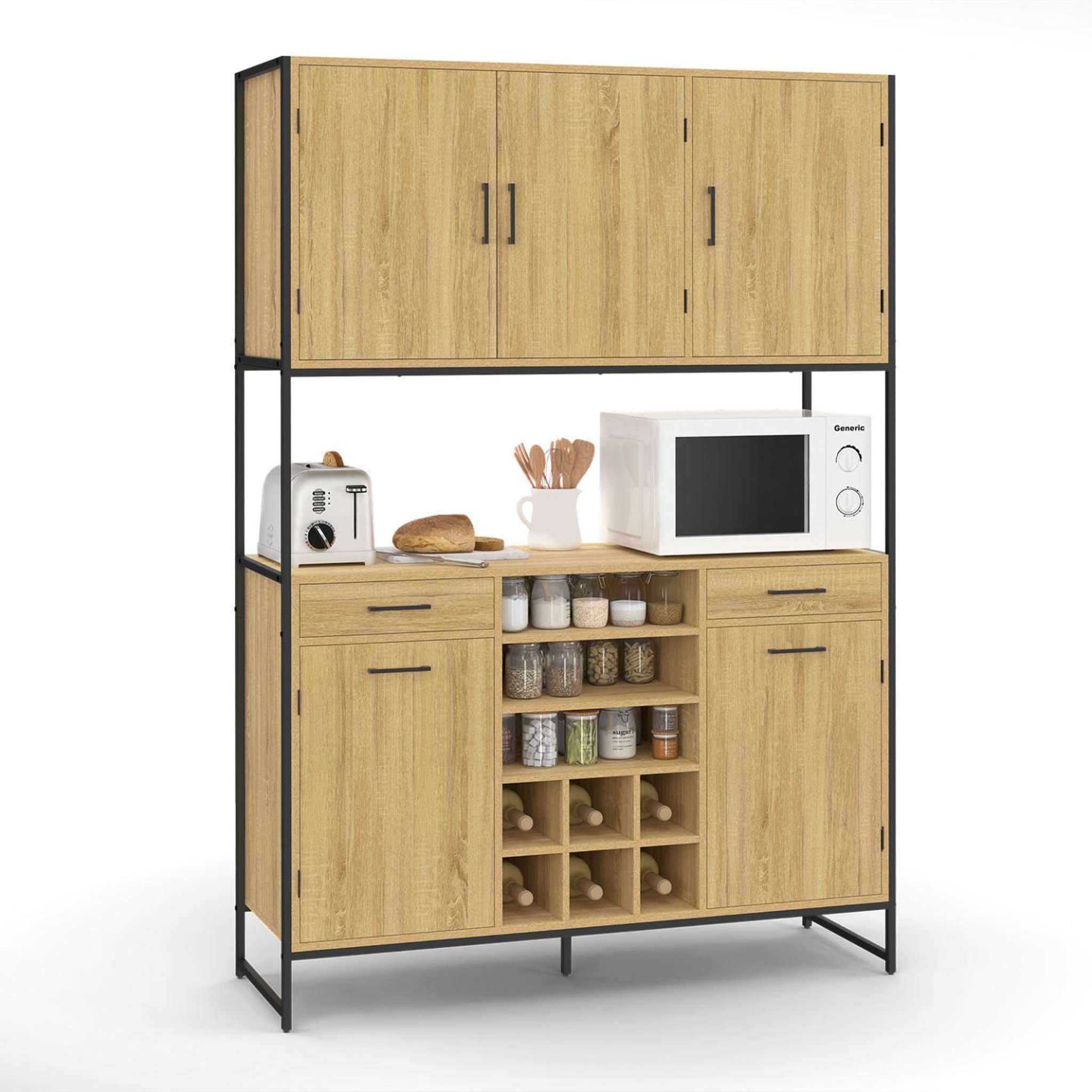 ID MARKET Buffet de cuisine 120 cm detroit 5 portes + tiroirs + range-bouteilles design industriel