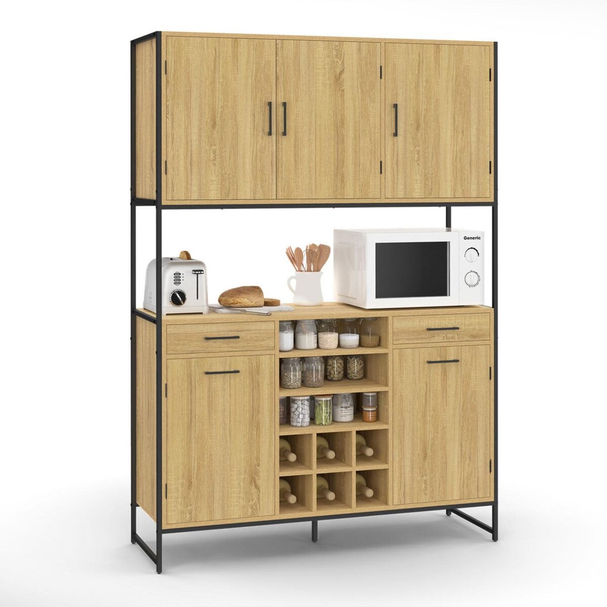 ID MARKET Buffet de cuisine 120 CM DETROIT 5 portes + tiroirs + range-bouteilles design industriel